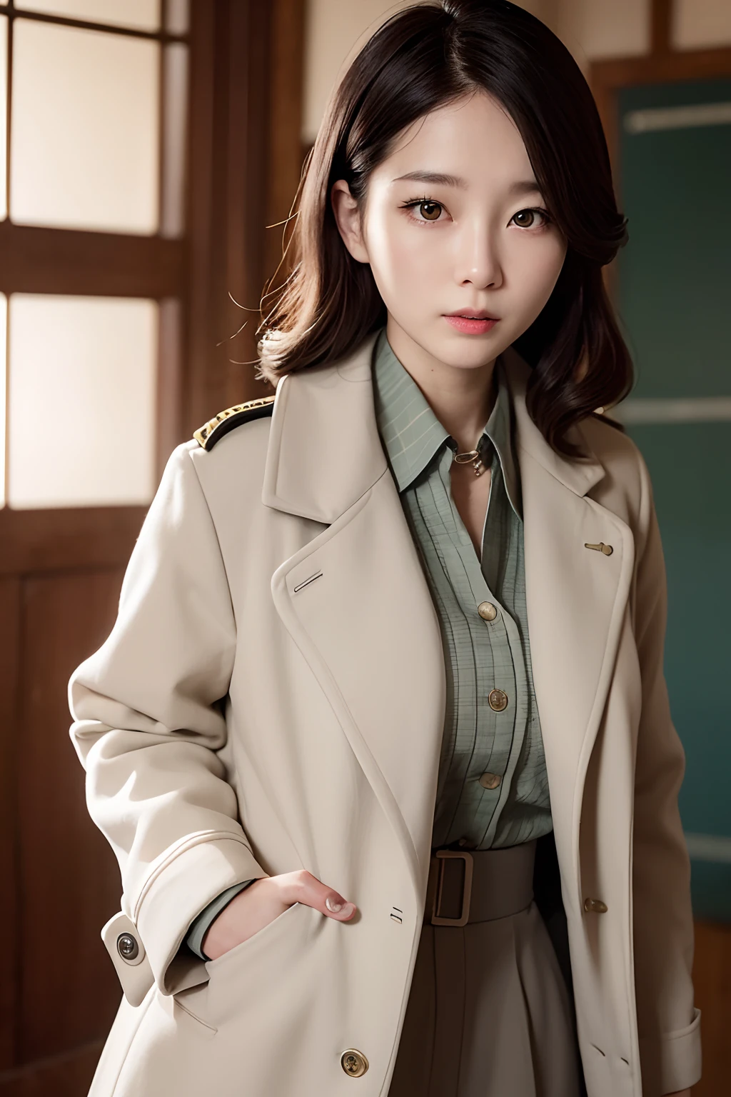 Beautiful 36-year-old female independence soldier in South Korea in the 1940s,The long coat of the secret scene of the movie,Ultra 8K,A pistol in one hand,