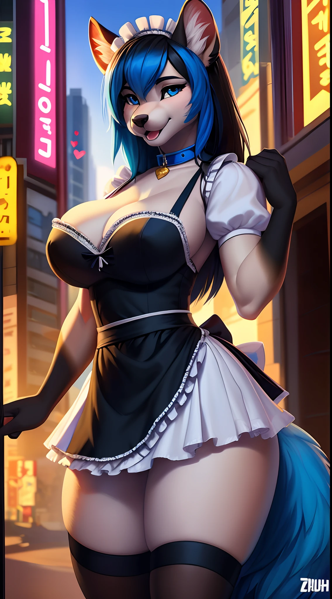 ((((sfw)))), uploaded the e621, beautiful and detailed,woman (((female))) ((anthro)) hyena, Ross Tran, by ruan jia, by zaush, by foxovh, lighting cinematic, seductor, hyena, thighighs, (huge chest), full body view, (anthro, fluffy fur, character focus:1.1), 1girl, anthro dog girl, body fur, solo, medium breasts, (thick thighs), curvy, (blue,black and white colors_clothes) focus on boobs, biki big ass sexy ass sexy boobs , (heart-shaped pupils), sexy, seductive, fall in love girl, nice, cute, naughty face, , big aureola show , Black hair with blue highlights. inside butt samurai girl, uniform , with his shirt soaked , visibile saliva offering the breasts and sex partial clothes ((She is showing her sensuality) ( blue collar.) hottest hot 1st position for sexy blue eyes confortable naughy face anime-style cartoon-style squirrel ears with blue hair , digital drawing and colorful city in the background, sexual expression.) (clothes colors: blue, black and white) (maid clothes)