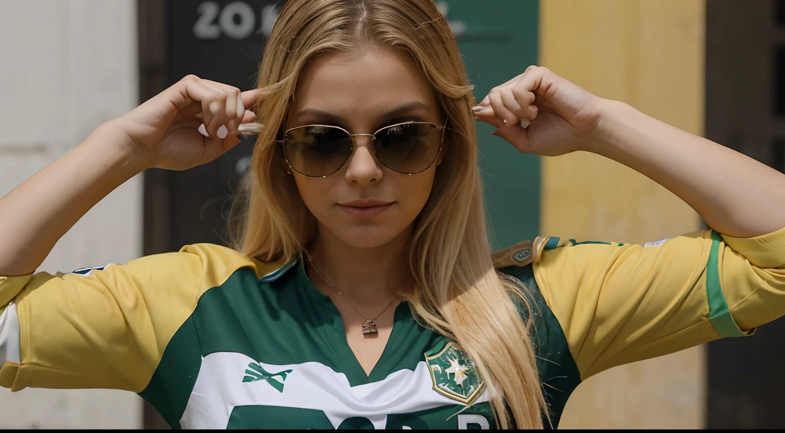 a blonde girl with brazilian soccer shirt written the word 'bolsonaro', giving military salute with hand and wearing a sunglasses of boss