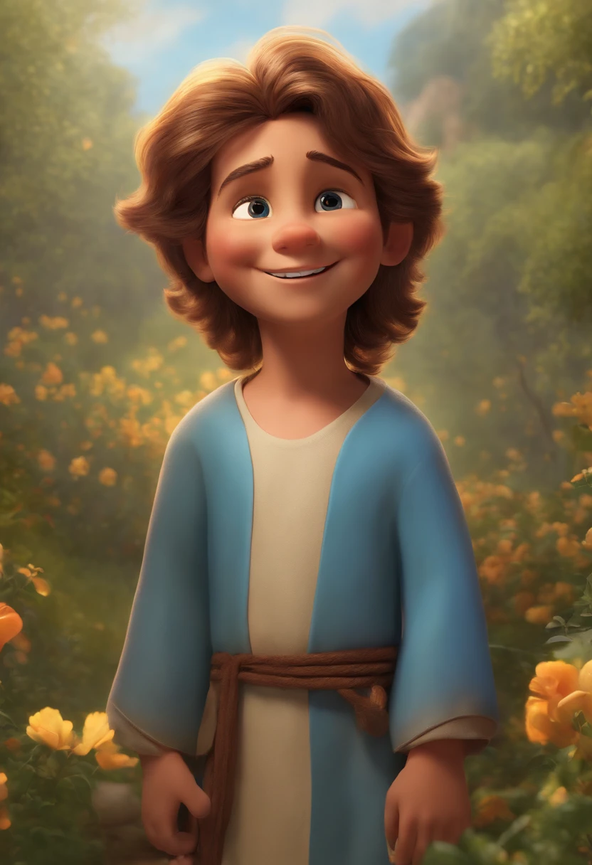 A happy boy of Jesus Christ with hair standing on end fulfilled, fundo branco, barnet, Tom, Estilo Pixar, ..3d, desenhos animados, rosto detalhado, asymmetrical 16k