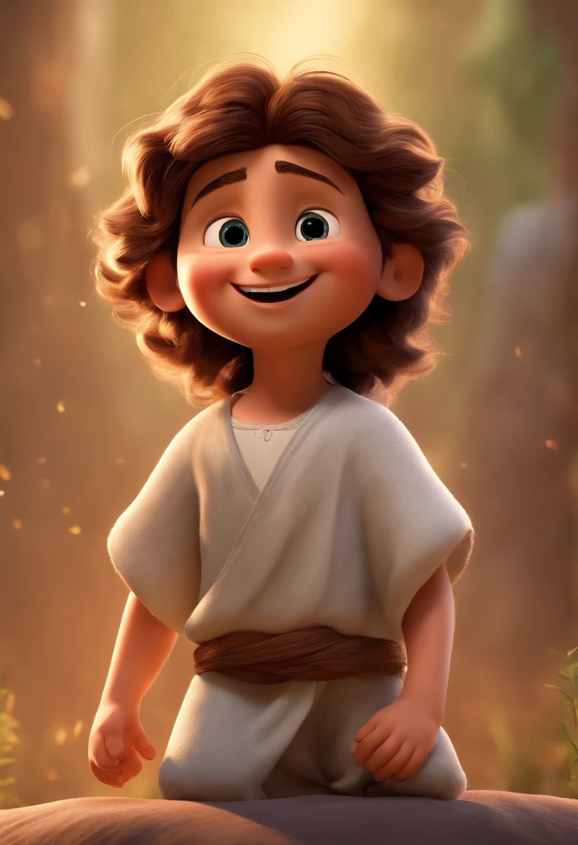 A happy boy of Jesus Christ with hair standing on end fulfilled, fundo branco, barnet, Tom, Estilo Pixar, ..3d, desenhos animados, rosto detalhado, asymmetrical 16k