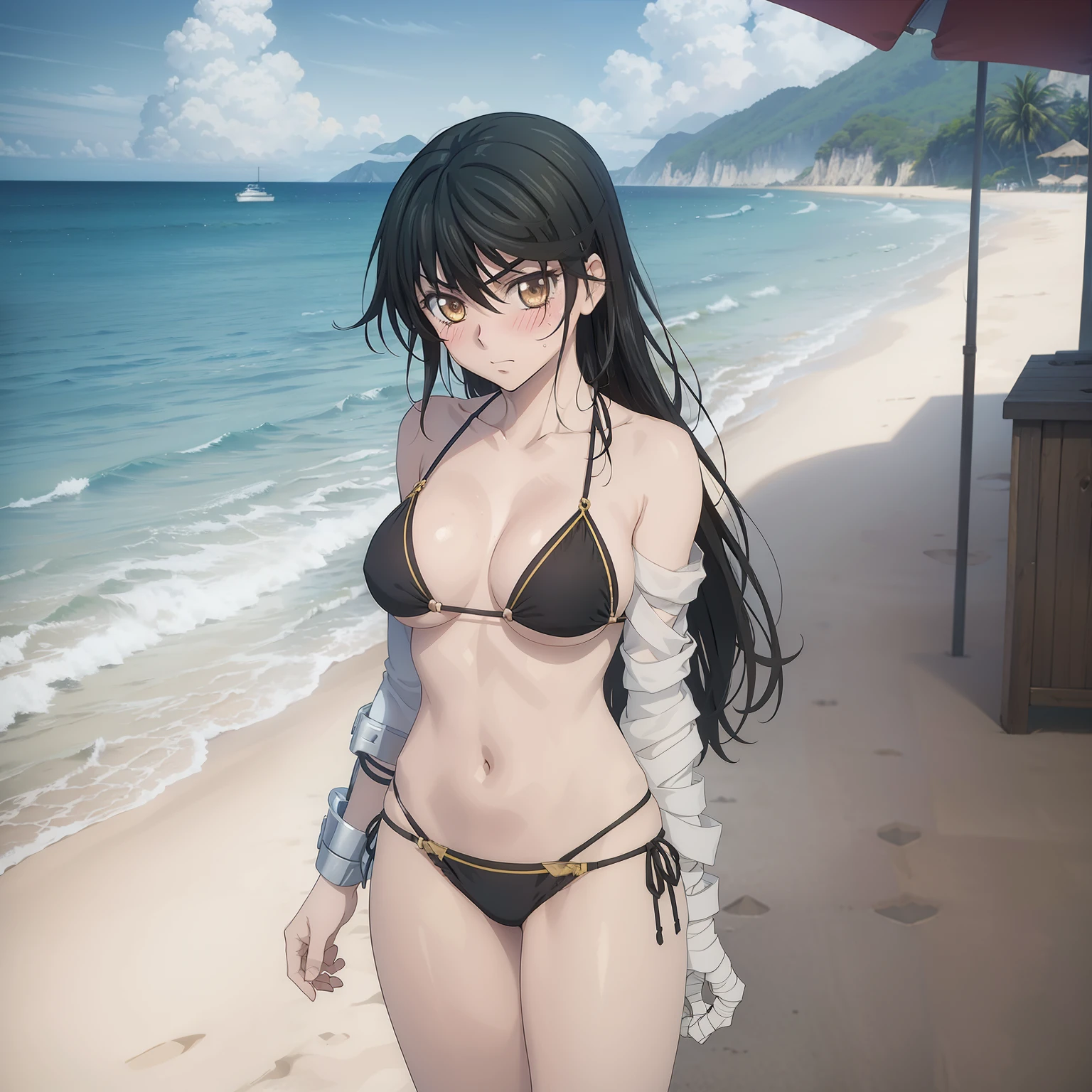 masterpiece, best quality, highres, black hair, yellow eyes, cowboy shot, standing, beach, Black micro bikini, embarrassed, blush, sexy pose,Left arm fully bandaged,