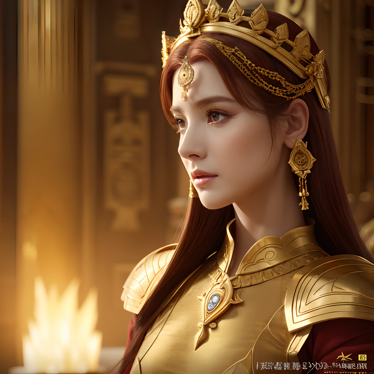 Babylonia、Ancient temples、Best Quality, Very high resolution, 4K Detail CG, master piece、aesthetics、Center the screen、Mysterious、Queen of Heaven、Light of the World、Ishtar, Great Goddess of Babylon、solemnity、thickness、 Increase your fighting spirit、Awe-inspiring Hall々、Invincible Great General、The one who leads the whole army、Be brave and bold、Sharp beauties、Veteran Hero、Guardians of Lions、dignity、refinement、noble、Proud、Wearing noble jewelry、The appearance is golden armor、tall and slender、Red hair long、(((masterpiece)))、(((top-quality)))、((ultra-definition))、(High Definition CG Illustration)、((extremely delicate and beautiful))、(from side)、Cinematic light、