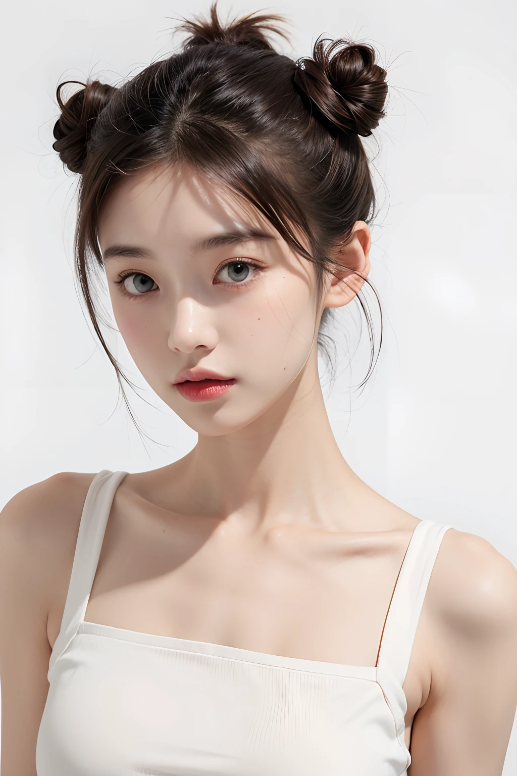 1girl,face, tiny double buns, white background,