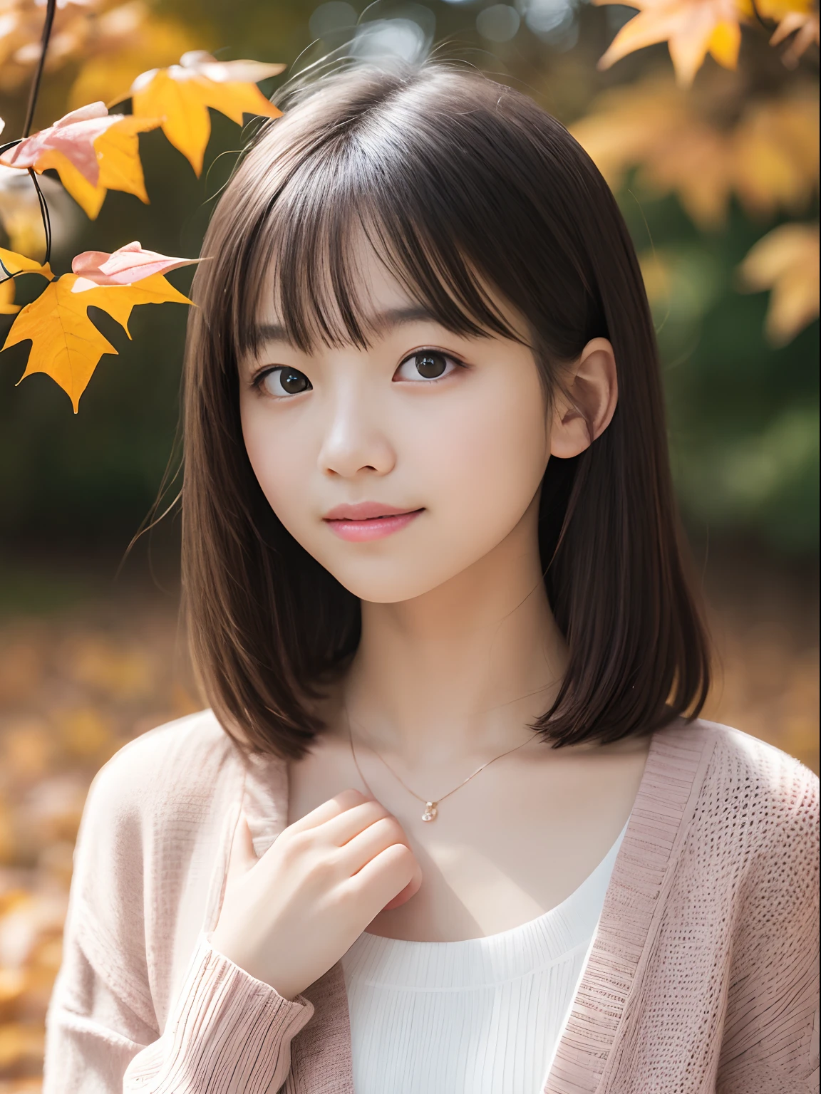 masutepiece, Best Quality, 8K, 10yaers old, Teen, Raw photo, absurderes, award winning portrait, Smile, Solo, Idol face, Delicate girl, Upper body, Digital SLR, Looking at Viewer, Candid, Sophisticated, Thin arms, Professional Lighting, Film grain, chromatic abberation, (Eyes and faces with detailed:1.0), (Bokeh:1.1) , (autumn leaves in background、The silhouette is beautiful with the reflection of sunlight in the glittering backlight.:1.２) , closes mouth , Blouse in white sailor suit , Yarn sweater、Pale pink cardigan、A dark-haired , tiny chest、(a beauty girl:1.2)、(Super Cute:1.2)