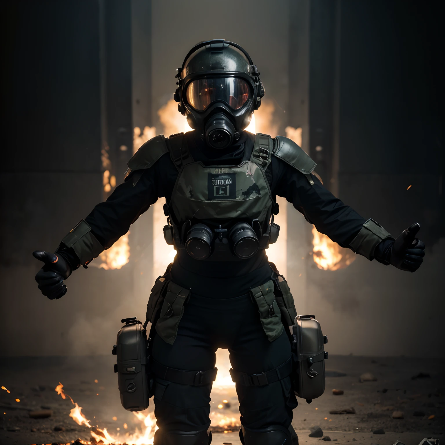 (best quality,highres,ultra-detailed),combat suit,ballistic helmet,gas mask,explosive power,grenadier bracers on forearms,burning background,menacing pose,dynamic lighting,sharp focus,vivid colors,physically-based rendering