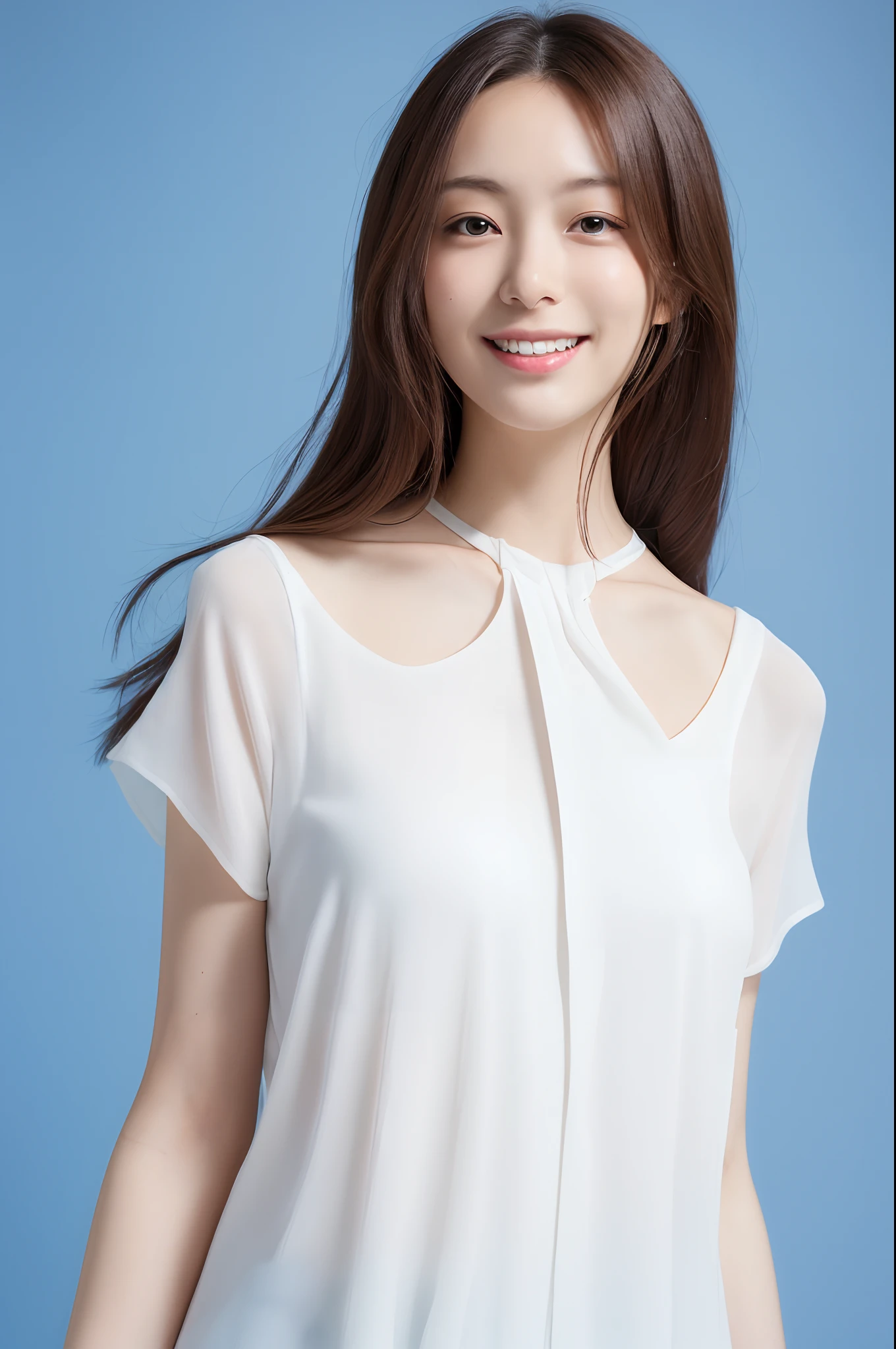 ((Best Quality, 8K, masutepiece :1.3)), Whole body, Long legs, Sharp Focus :1.2, A pretty Japanese woman with perfect figure :1.4, (White blouse, Standing:1.2), empty blue background, Natural light, Highly detailed face and skin texture, Detailed eyes, smile