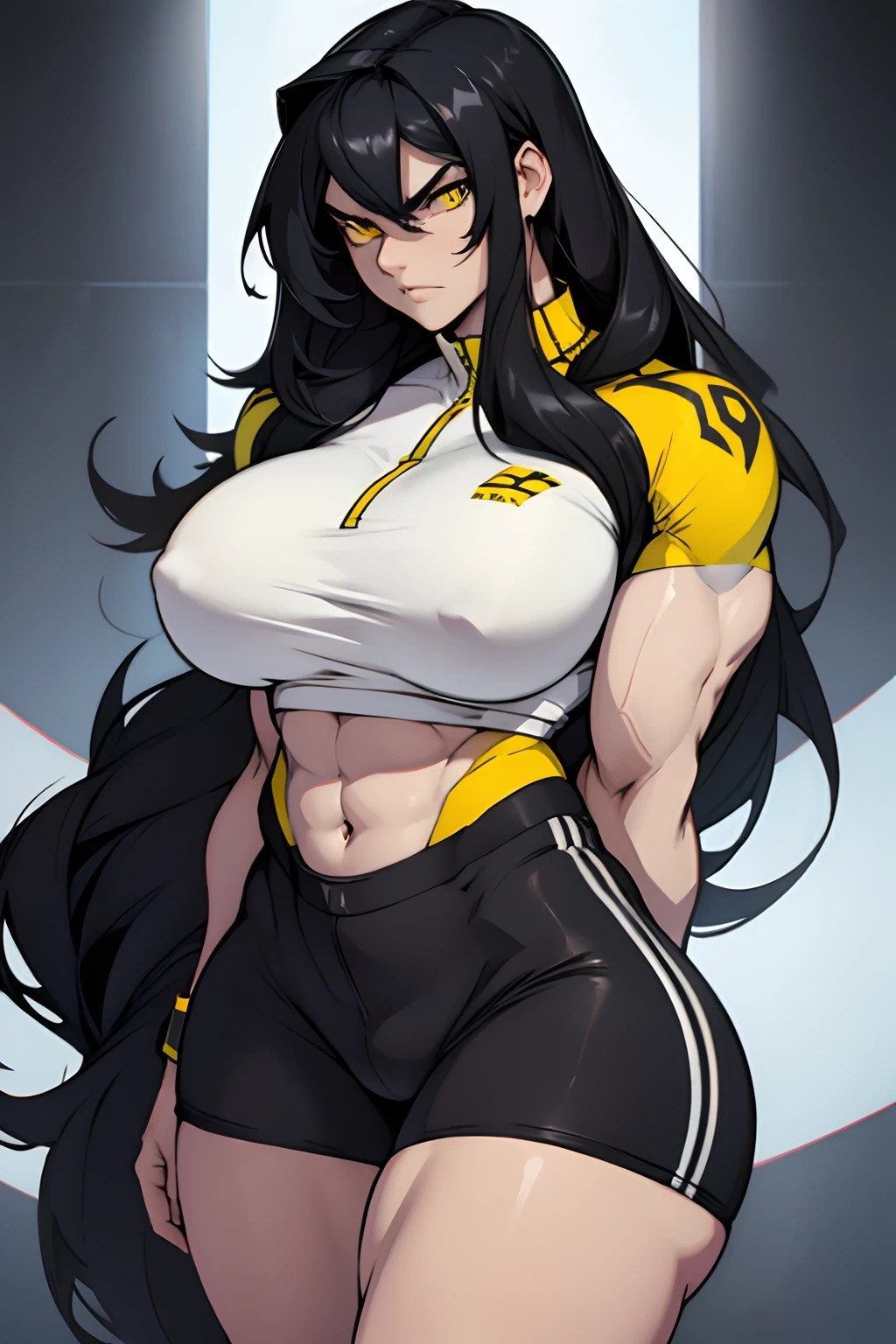 1girl bodybuilder huge tits black hair yellow eyes very long hair pale skin angry