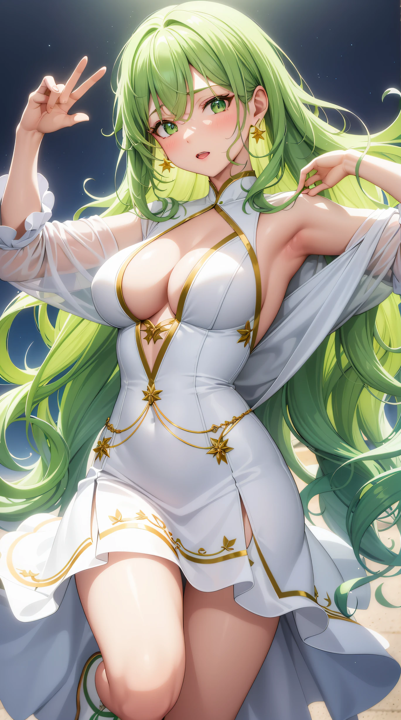 (best quality:1.5, highres, UHD, 4K, detailed lighting, shaders), green wavy hair, large breasts, woman white and green shirt, small skirt, green skirt, (pov), full body, white background, colorful eyeshadow, dramatic lighting, sparkling eyes, confident expression, golden earrings, flowing hair, delicate facial features, soft skin, high cheekbones, stylish clothing, urban setting,white background