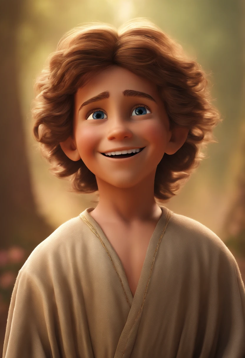 A happy boy of Jesus Christ with hair standing on end fulfilled, fundo branco, barnet, Tom, Estilo Pixar, ..3d, desenhos animados, rosto detalhado, asymmetrical 16k