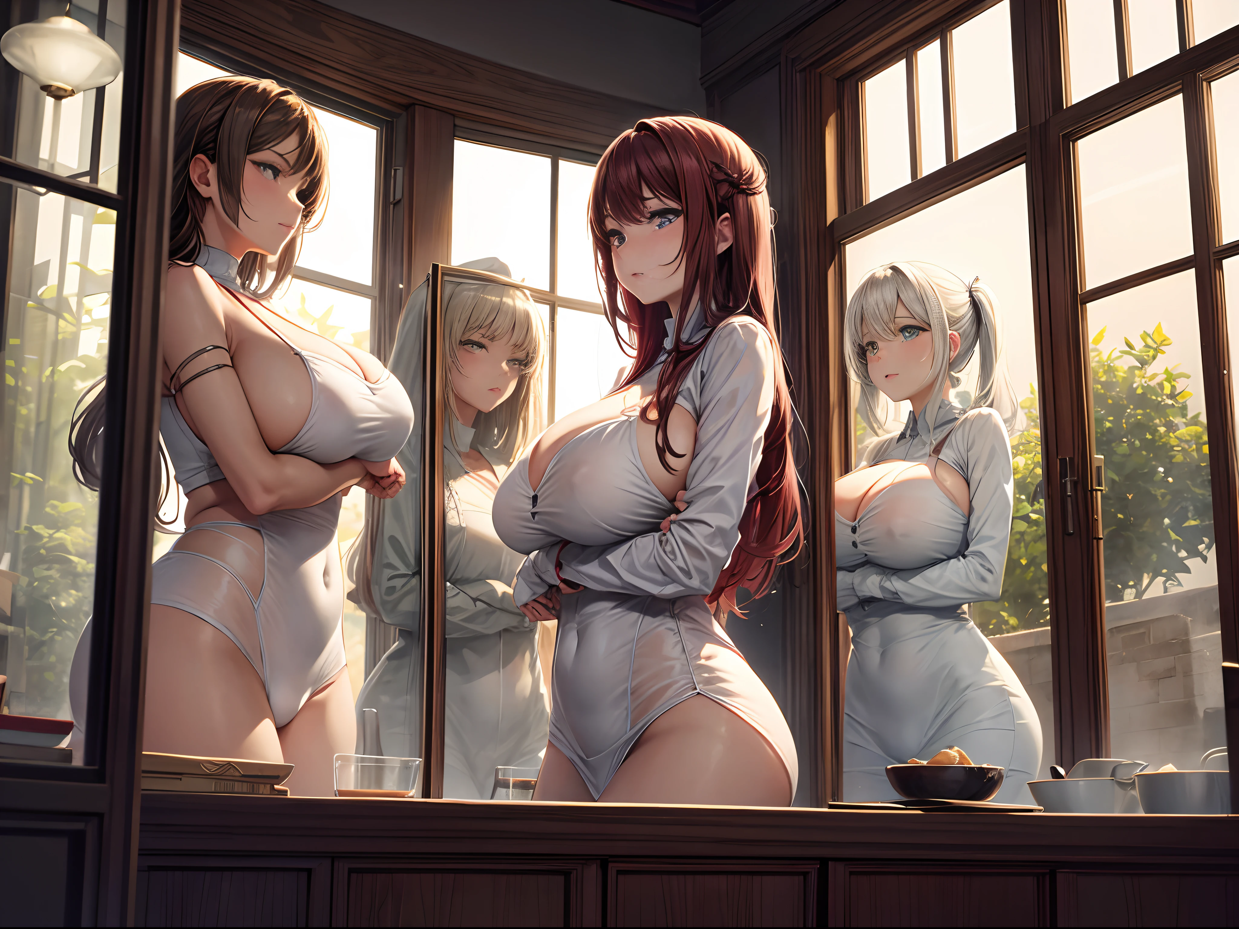 a series of windows with women with large breast pressing their breast up against the windows