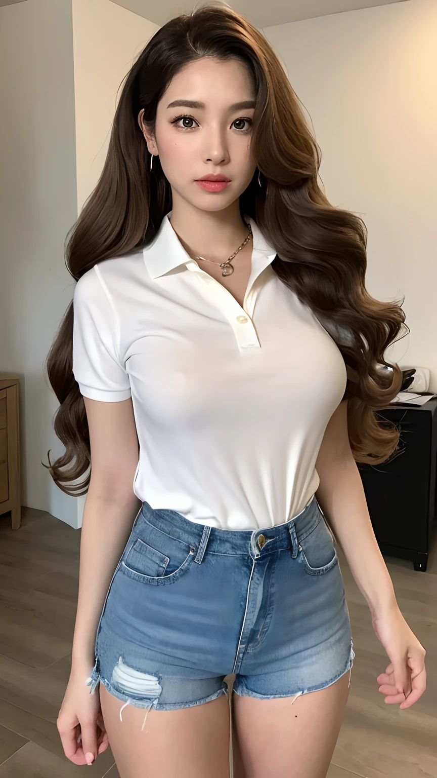 ((best qualtiy, 8K, tmasterpiece:1.3)), Focus:1.2, perfect figure beautiful woman:1.4, Cocked buttocks:1.2, ((Random Long Thick Diva Hairstyle) ((Brown Wavy Hair In Big Curls))（Long white legs：1.3，(Polo shirt With Jean Shorts:1.2) , (inside in room: 1.2), Highly detailed facial and skin texture, A detailed eye, 二重まぶた，Whiten skin，（Straight big breasts：1.3), looking at camera, Wear a necklace，