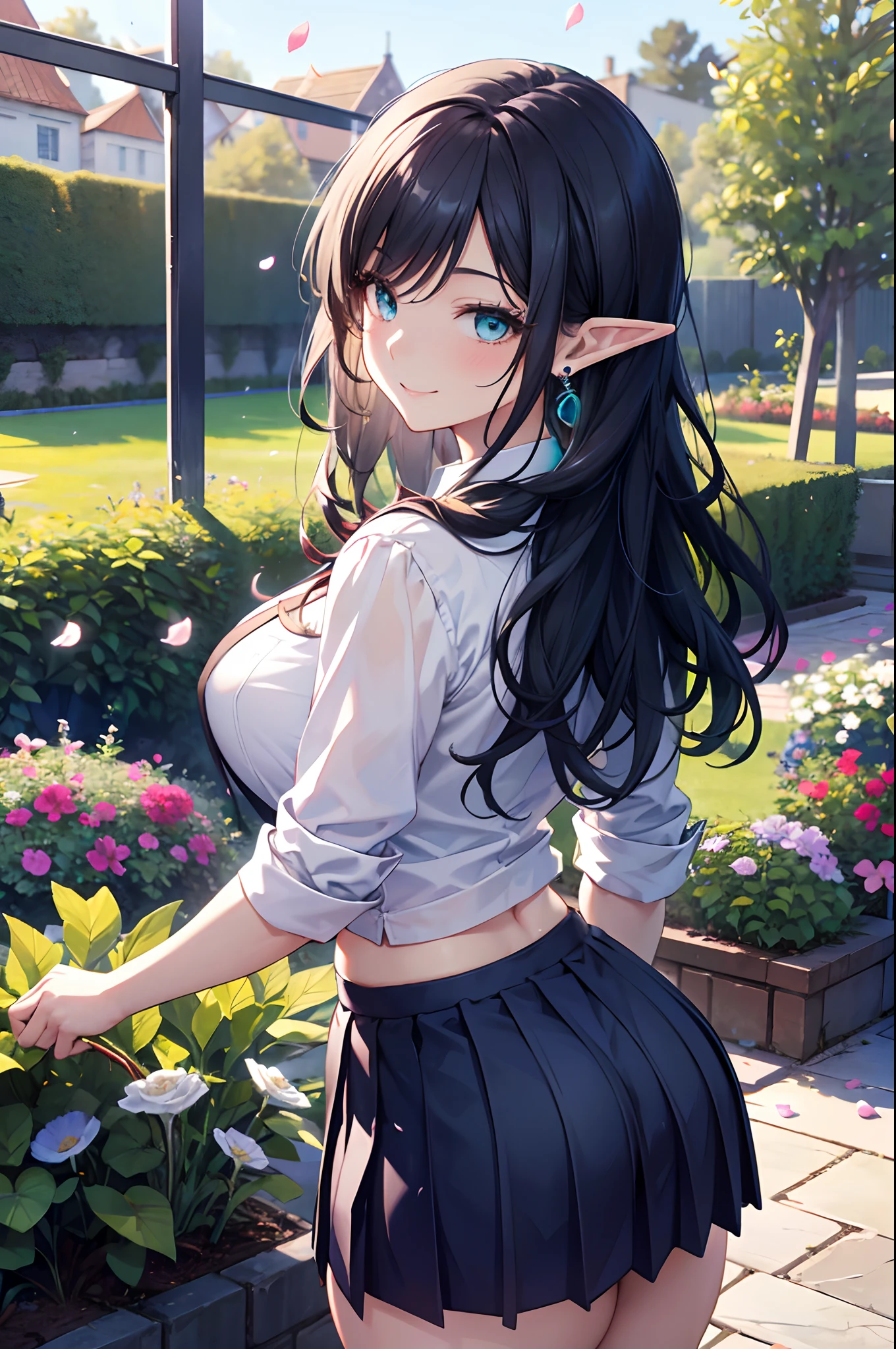 Realistic and detailed image of an elf dressed in a school uniform and pleated micro skirt. She has long wavy black hair. Turquoise eyes. She has earrings, long eyelashes. She has large breasts, slim waist, wide hips and thick thighs. Smiling, pleased face. Arched back. There is a garden with flower petals falling around her.
