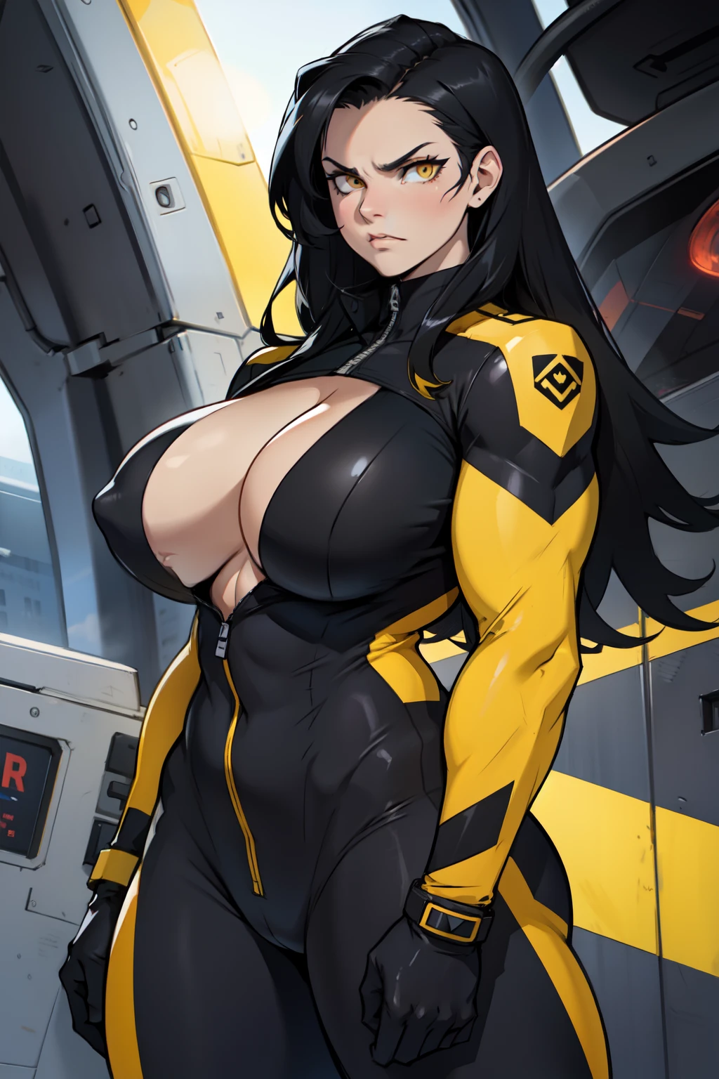 1girl bodybuilder huge tits black hair yellow eyes very long hair pale skin angry curvy pilot suit