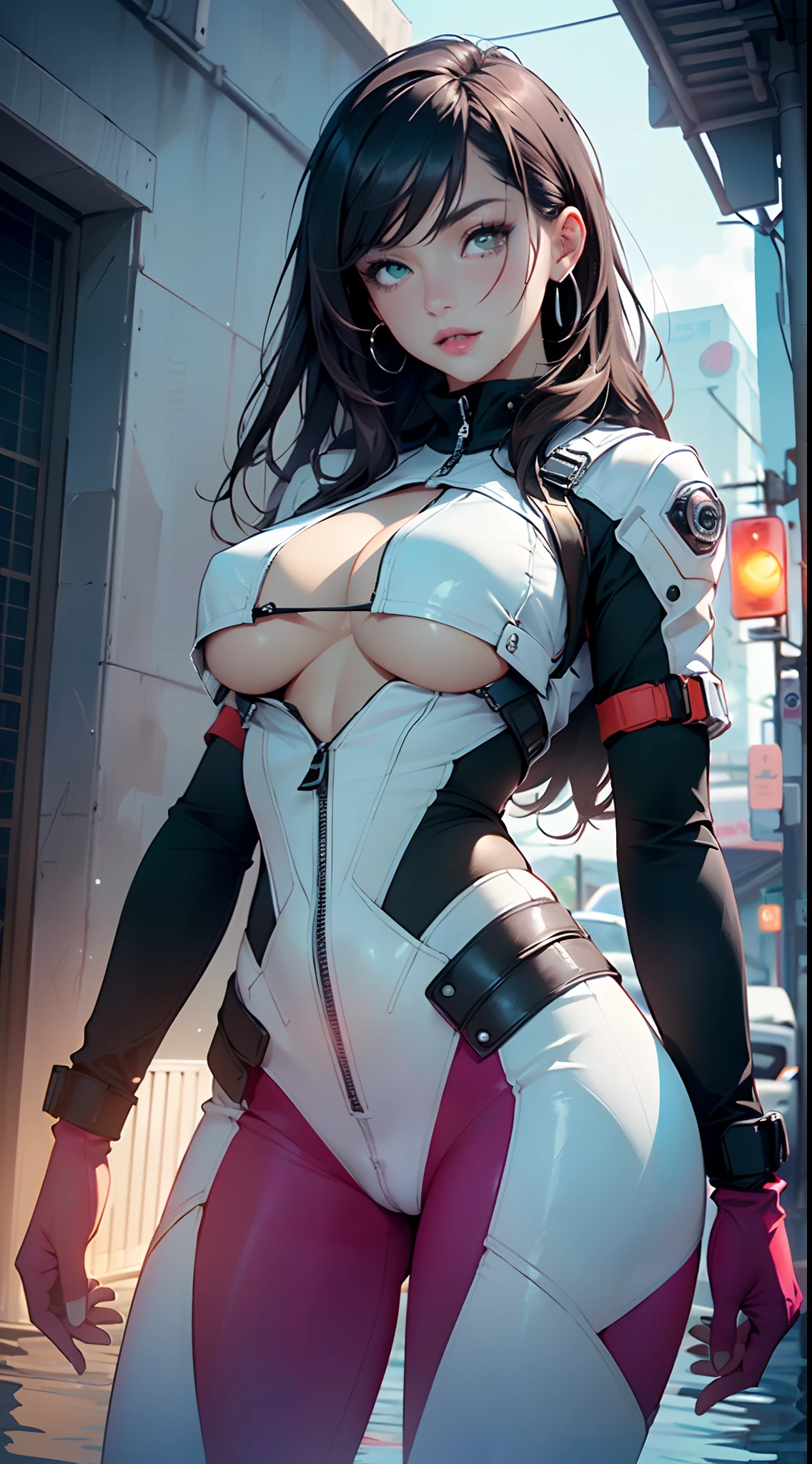 girl spacepunk,(((1girl))),((beautiful girl with spacesuit)),woman,1female,((milf,mom,mature,mature woman,45 years old female,adult)),
(large breasts:1.4),saggy breasts,(((dark brown hair:1.4,straight hair,long hair:1.4,white lights in hair:1.3,colored inner hair))),(((green_eyes:1.3))),intricate eyes,beautiful detailed eyes,symmetrical eyes,((fat)),(((lustrous skin:1.5,bright skin: 1.5,skin tanned,shiny skin,very shiny skin,shiny body,plastic glitter skin,exaggerated shiny skin,illuminated skin,wet legs))),(spider lower abdomen,narrow waist,wide hip,imbo body,inflated legs,detailed body,(detailed face)),
cute,slutty,seductive,erotic,(((nsfw))),
revealing clothing,show skin,((underboob:1.5)),(cleavage),((space suit outfit, green space suit,short sleeve spacesuit)),(wearing a space suit outfit:1.3,space suit clothes),((zipper suit, zipper slightly unzipped))),((wet clothes,intricate outfit,intricate clothes)),
(dynamic pose:1.0),solo focus,embarrassed,(centered,scale to fit dimensions,Rule of thirds),
cyberpunk city by the ocean at night, with bright neon signs and dark stormy clouds and puddles, scenery:1.25,
artistic photography,(photography taken by sldr),highres, sharp focus, (ultra detailed, extremely detailed), (photorealistic artwork:1.37),(extremely detailed CG unity 8k wallpaper),((synthwave background theme)),(((vibrant colors))),(intricate background),(masterpiece),(best quality),