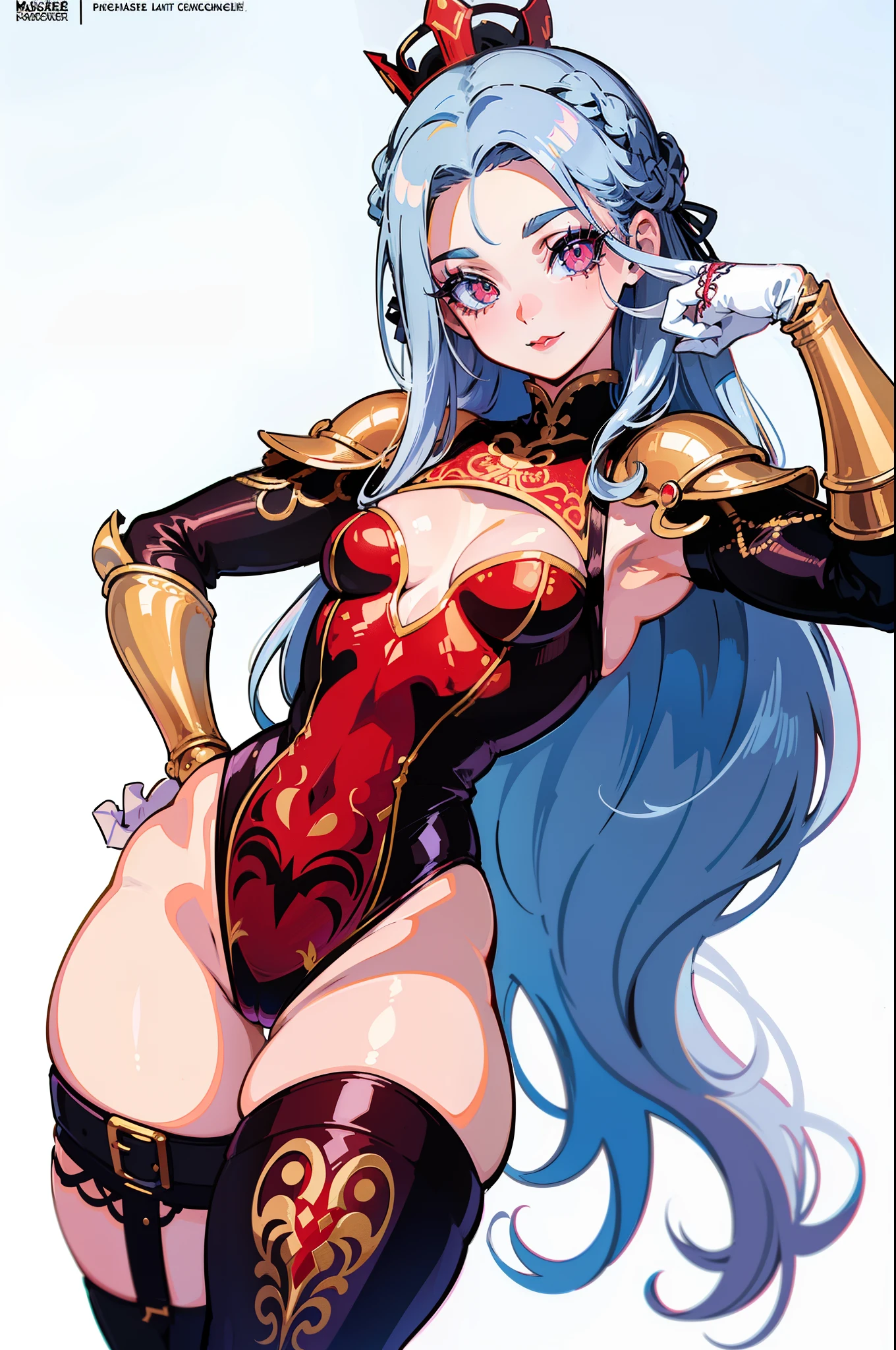 "(masterpiece), best quality, NSFW,
1girl, (80s anime style:1.5), (eyelashes:1.5),
(intricate high detailed body:1.2),
silver hair,
(forehead:1.2), (french braid:1.1),
red eyes,
(curvy:1.5),
(small breasts, flat chest:1.2),
(goth,red lip stick, eye shadow:1.1),
happy, smile,
(golden embroidery leotard, cleavage cutout:1.2),
(knight filigree armor:1.2),
(knee highs:1.1), belts, gloves, crown,
peace,
cowboy shot,
(white background:1.2)"