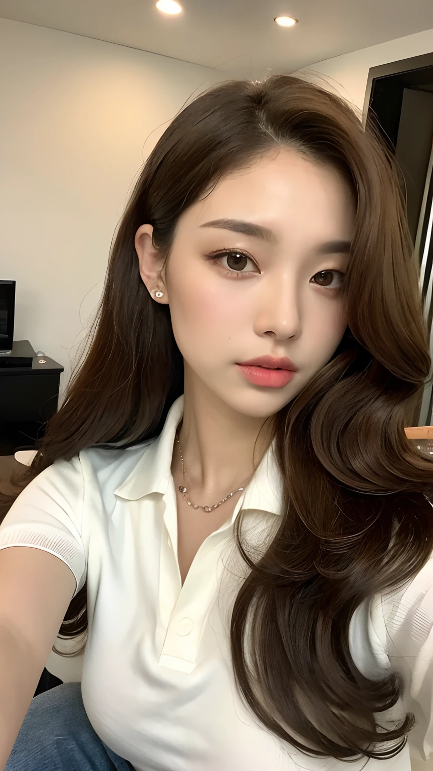 ((best qualtiy, 8K, tmasterpiece:1.3)), Focus:1.2, perfect figure beautiful woman:1.4, Cocked buttocks:1.2, ((Random Long Thick Diva Hairstyle) ((Brown Wavy Hair In Big Curls))(Long white legs:1.3,(Polo shirt With Jean Shorts:1.2) , (inside in room: 1.2), Highly detailed facial and skin texture, A detailed eye, 二重まぶた,Whiten skin,(Straight big breasts:1.3), looking at camera, Wear a necklace,