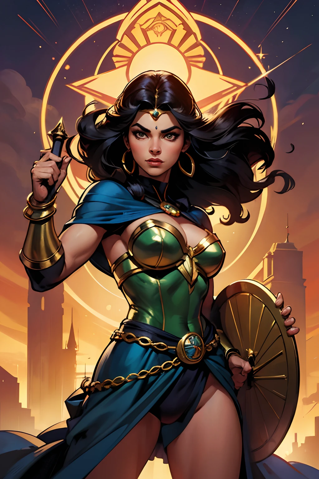 Arte inspirada em John Buscema,Superheroine known as "Princesa Amazona, uma mulher de longos cabelos negros, olhos azuis, pele bronzeada e sensual usando um uniforme inspirado nas roupas das amazonas gregas,bastante estilizado (sfw),Imposing pose holding a short sword and shield with the lion symbol, arte detalhista e primorosa em uma avenida da cidade.