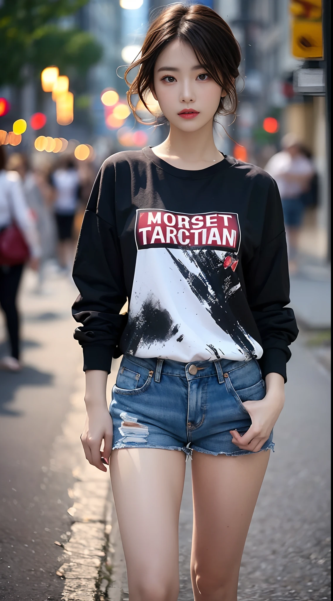 ((photorealistic lighting, Top  Quality, 8K, ​masterpiece: 1.3)), Clear Focus: 1.2, 1人の女性, Perfect Body Beauty: 1.4, Slim Abs: 1.1, ((Dark-brown hair, larger: 1.3)), (Accelerate: 1.4), (plein air, nighttime: 1.1), the street, Slim Faces, Narrow Eyes, Double eyelidd, Valley exposure, Incredibly Absurd, Messy hair, Floating head, Long sleeve t-shirt, fashion model pose, (s whole body:1.5)
