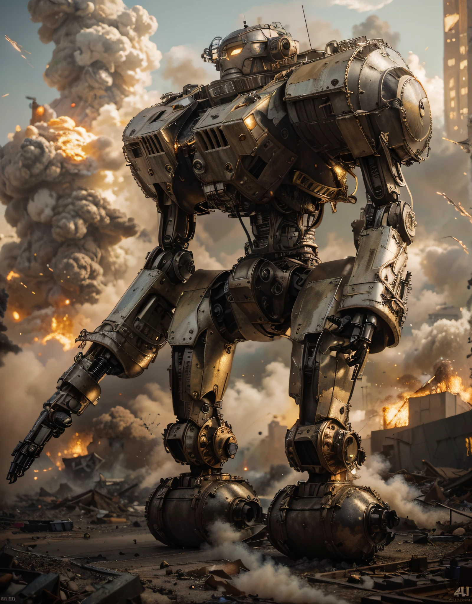 heavy robot Art Deco style metal color, realistic metallic texture, it has aerial cannons instead of hands, they are in a completely destroyed city on fire with smoke and rubble, ultra realistic, Ultra detailed, Hyper realistic, 4k, Ultra detailed image, realistic, Highly detailed, perfect composition, beautiful intricately detailed incredibly detailed, 8K fine art photography, hyper detailed, Masterpiece