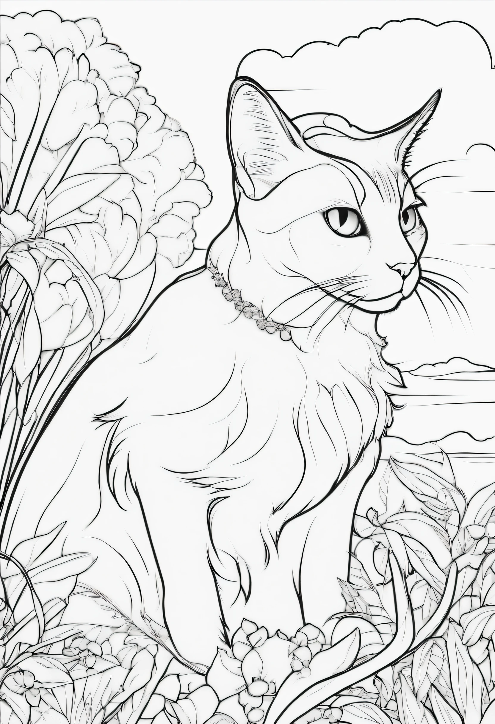 Nimbus cat coloring book, cartoon style, thick black lines, no color, white background, just lines