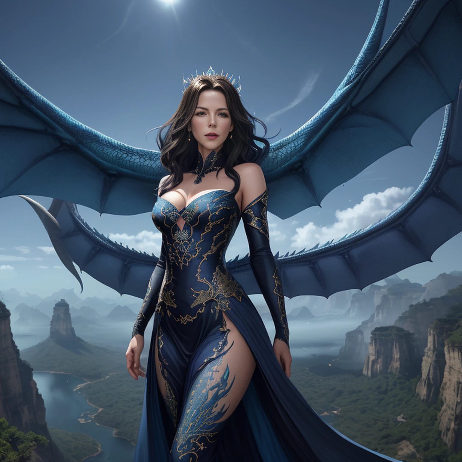 ((melhor qualidade)), ((obra-prima)), (detalhado), Empress Dragon "Kate Beckinsale", olhos realistas, cabelo preto, olhos azuis, seios pequenos, vestido de setin koreano sensual, paisagem maligna, ethereal beauty, (Fantasy Illustration:1.3), olhar encantador, pose cativante, garota solo, charme sobrenatural, mystical sky, noite enluarada, cores suaves, (paisagem nublada detalhada:1.3), (alta resolução:1.2) (Blue dragon flying in the sky) vestido, sobre uma colina, An army passing far into a canyon below.