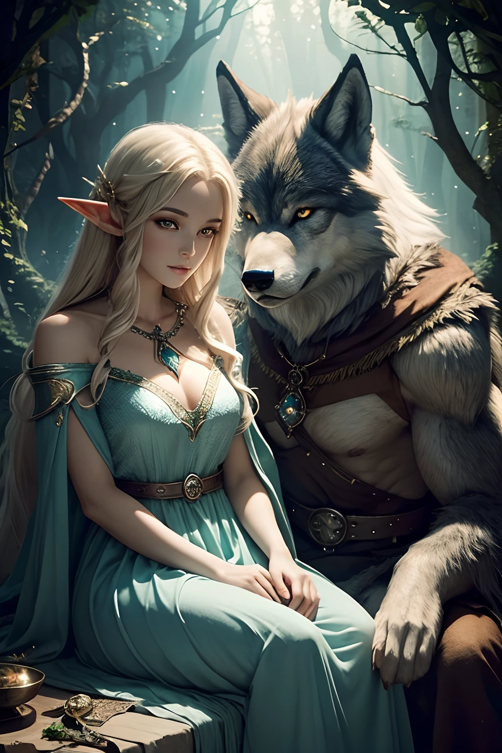 A beautiful fantasy elf sitting next to a large wolf, looks at the camera, symmetrical eyes, symmetrical face, mystical magical fantasy enchanted ethereal, cinematic shot, cinematic scene, stunning, breathtaking, a sense of magic in the air, magical fantasy, diffused lighting