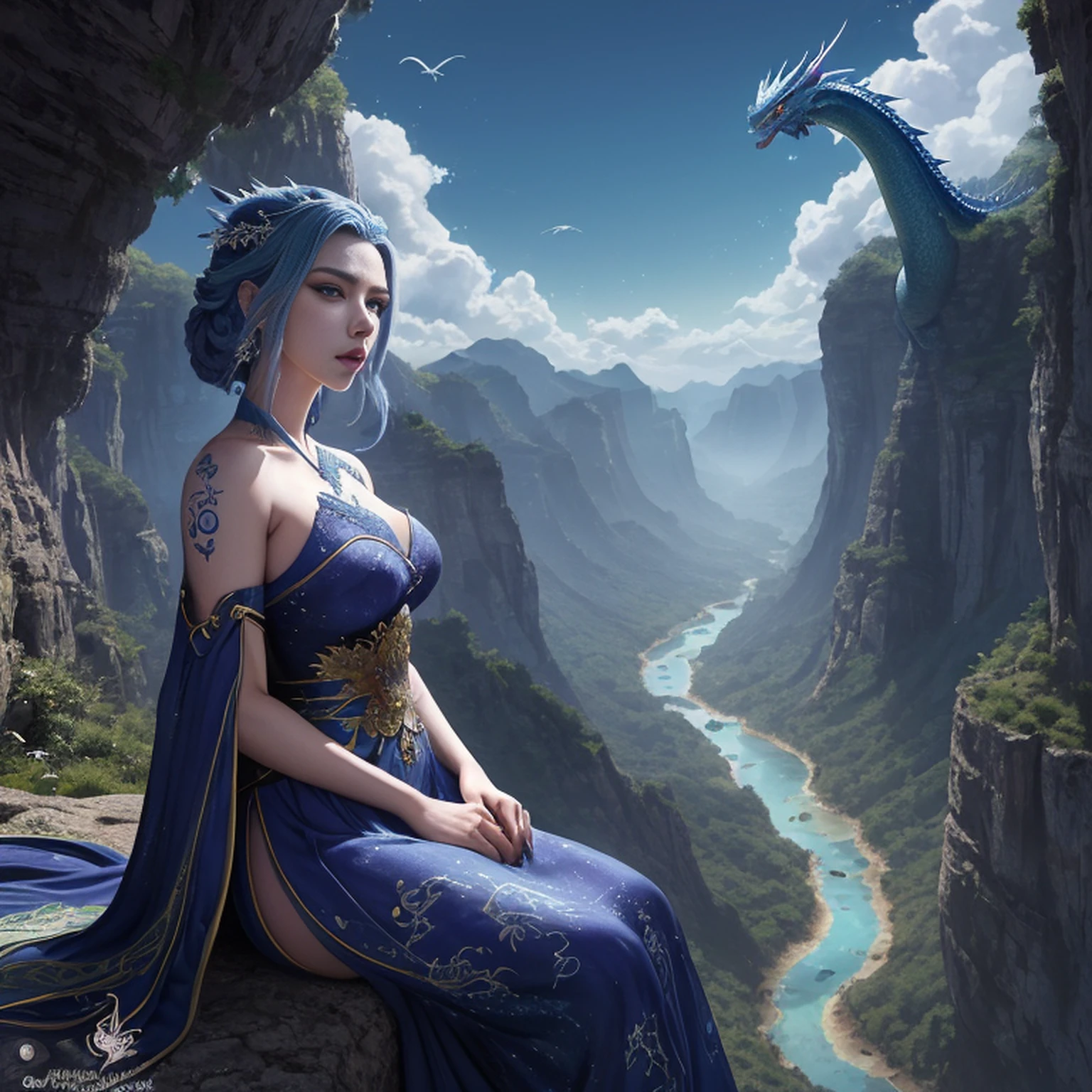 ((melhor qualidade)), ((obra-prima)), (detalhado), Empress Dragon "Scarlett Johansson", olhos realistas, cabelo preto, olhos azuis, seios pequenos, vestido de setin koreano sensual, paisagem maligna, ethereal beauty, (Fantasy Illustration:1.3), olhar encantador, pose cativante, garota solo, charme sobrenatural, mystical sky, noite enluarada, cores suaves, (paisagem nublada detalhada:1.3), (alta resolução:1.2) (Blue dragon flying in the sky) vestido, sobre uma colina, An army passing far into a canyon below.