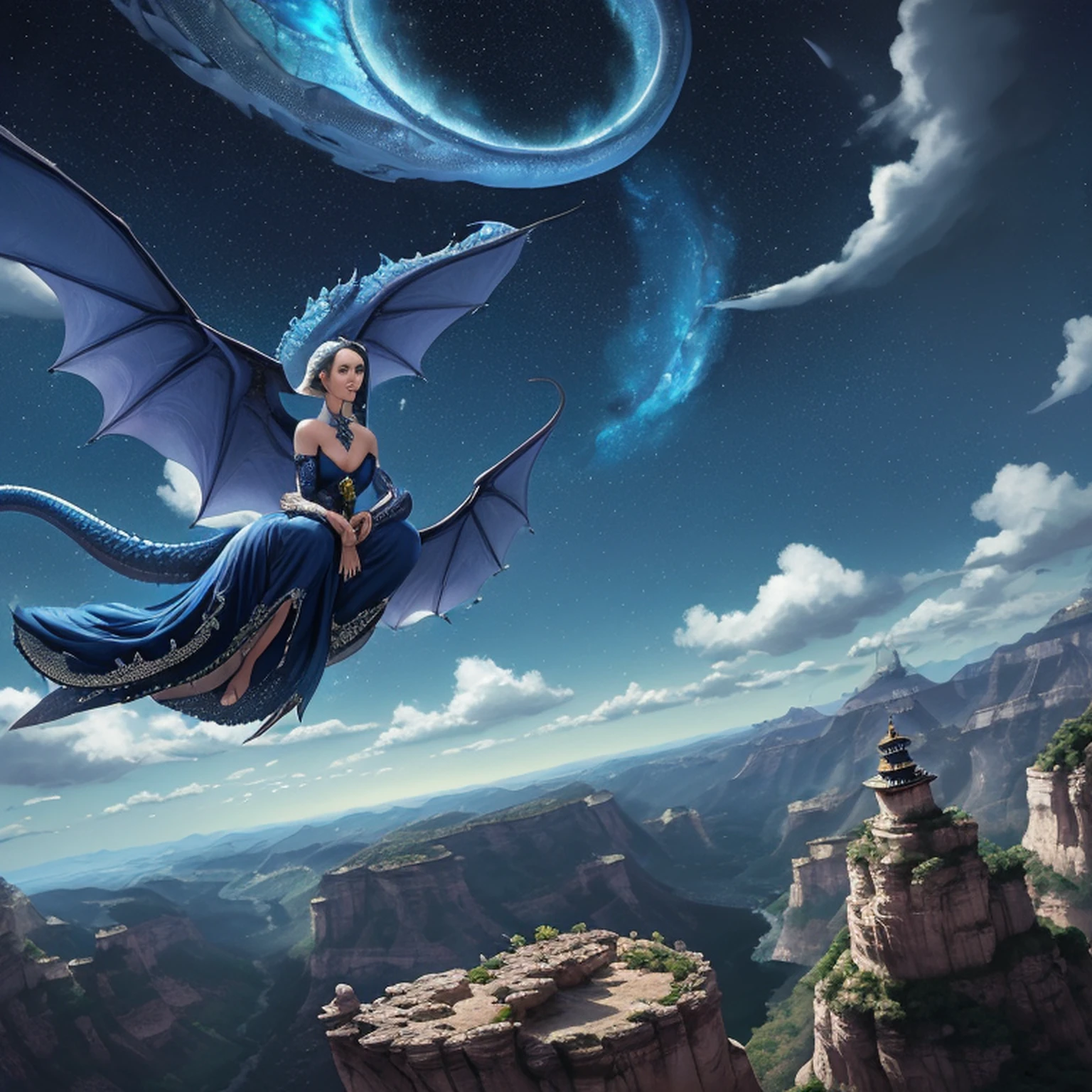 ((melhor qualidade)), ((obra-prima)), (detalhado), Empress Dragon "Natalie Portman", olhos realistas, cabelo preto, olhos azuis, seios pequenos, vestido de setin koreano sensual, paisagem maligna, ethereal beauty, (Fantasy Illustration:1.3), olhar encantador, pose cativante, garota solo, charme sobrenatural, mystical sky, noite enluarada, cores suaves, (paisagem nublada detalhada:1.3), (alta resolução:1.2) (Blue dragon flying in the sky) vestido, sobre uma colina, An army passing far into a canyon below.
