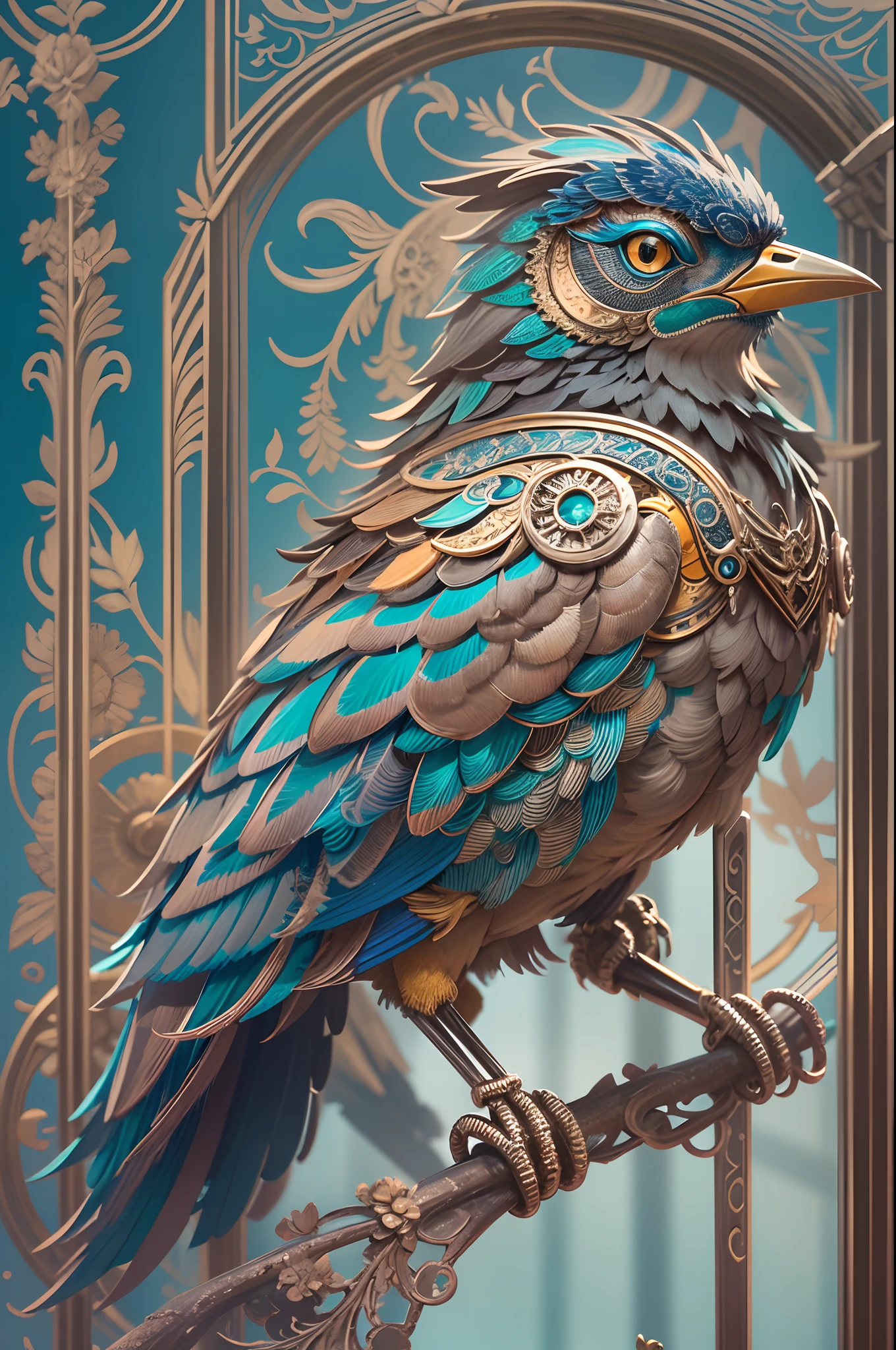(Best quality, A high resolution, Ultra-detailed), [(A metal mechanical bird),Complex and intricate mechanical structure.Brilliant and vibrant colors,Metallic texture and shiny surface],blue-sky,baiyun,Background with。