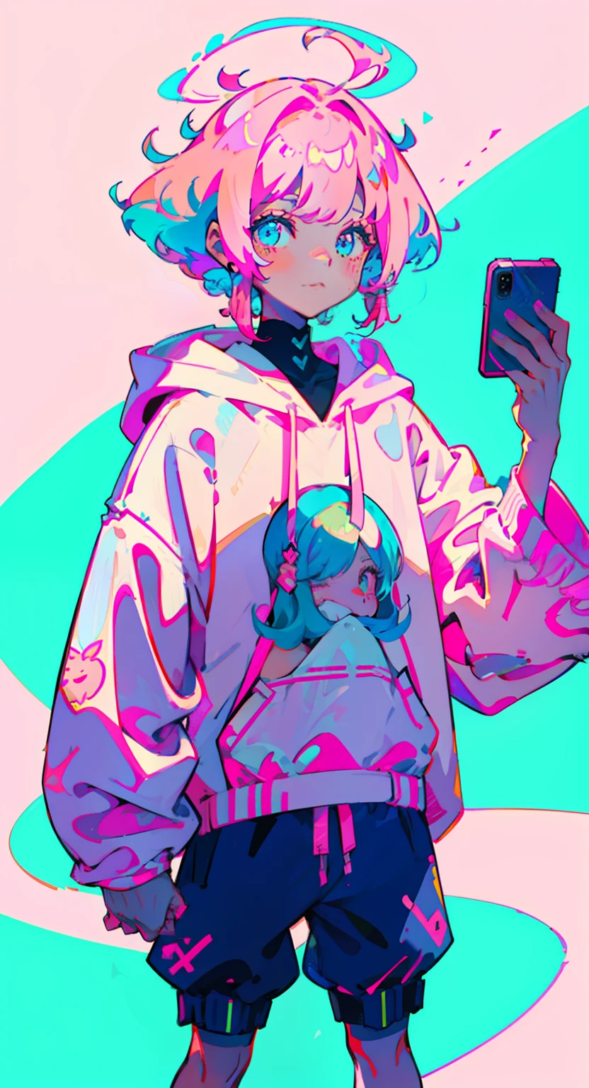 girl in pink long hair, cute, cool pose, selfie, masterpiece, highly detailed, best quality, sharp focus, soft lighting, limited color palette, pastel colors, cute, ((kawaii)), dark skin,
(Panchen: 1.3), smile, solo,
dark brown hoodie, blue shorts,
Pink eyes, (pink hair: 0.6), (blue hair: 0.8), (gradient hair: 0.6), short hair, Bratis