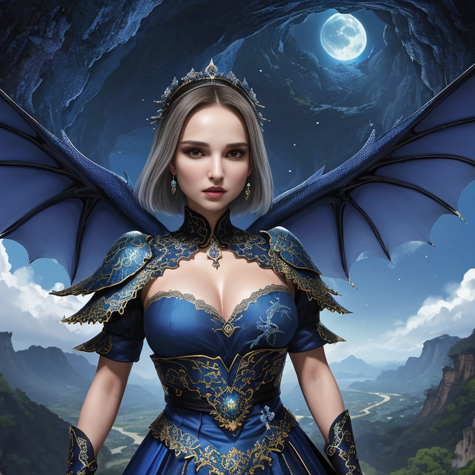 ((melhor qualidade)), ((obra-prima)), (detalhado), Empress Dragon "Natalie Portman", olhos realistas, cabelo preto, olhos azuis, seios pequenos, vestido de setin koreano sensual, paisagem maligna, ethereal beauty, (Fantasy Illustration:1.3), olhar encantador, pose cativante, garota solo, charme sobrenatural, mystical sky, noite enluarada, cores suaves, (paisagem nublada detalhada:1.3), (alta resolução:1.2) (Blue dragon flying in the sky) vestido, sobre uma colina, An army passing far into a canyon below.