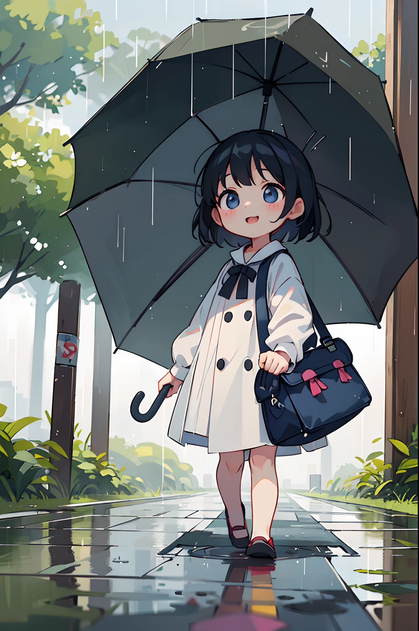 Photo of parent and  holding umbrella on rainy day、Umbrellas are great、bustup、Eye Up、The road surface is wet、She enjoys the rain