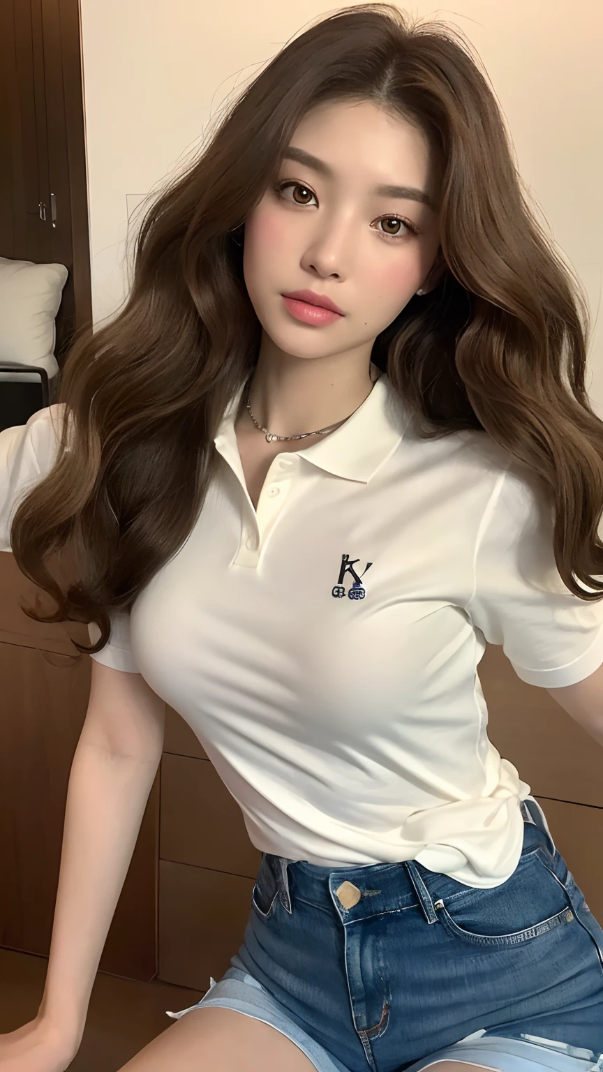 ((best qualtiy, 8K, tmasterpiece:1.3)), Focus:1.2, perfect figure beautiful woman:1.4, Cocked buttocks:1.2, ((Random Long Thick Hairstyle) ((Brown Wavy Hair In Big Curls))(Long white legs:1.3,(Polo shirt With Shorts:1.2) , (inside in room: 1.2), Highly detailed facial and skin texture, A detailed eye, 二重まぶた,Whiten skin,(Straight big breasts:1.3), looking at camera, Wear a necklace,