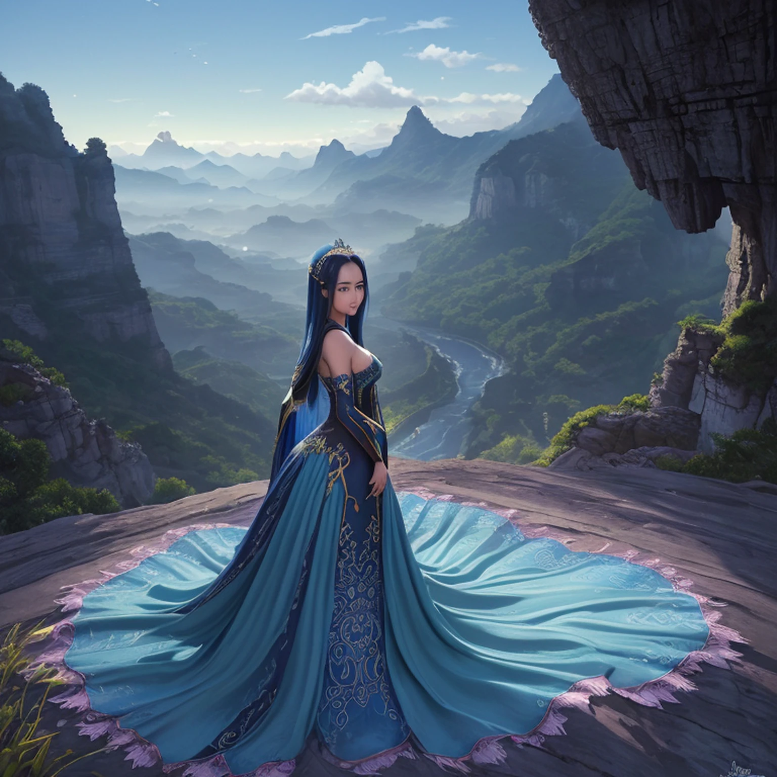 ((melhor qualidade)), ((obra-prima)), (detalhado), Empress Dragon "Jessica Alba", olhos realistas, cabelo preto, olhos azuis, seios pequenos, vestido de setin koreano sensual, paisagem maligna, ethereal beauty, (Fantasy Illustration:1.3), olhar encantador, pose cativante, garota solo, charme sobrenatural, mystical sky, noite enluarada, cores suaves, (paisagem nublada detalhada:1.3), (alta resolução:1.2) (Blue dragon flying in the sky) vestido, sobre uma colina, An army passing far into a canyon below.
