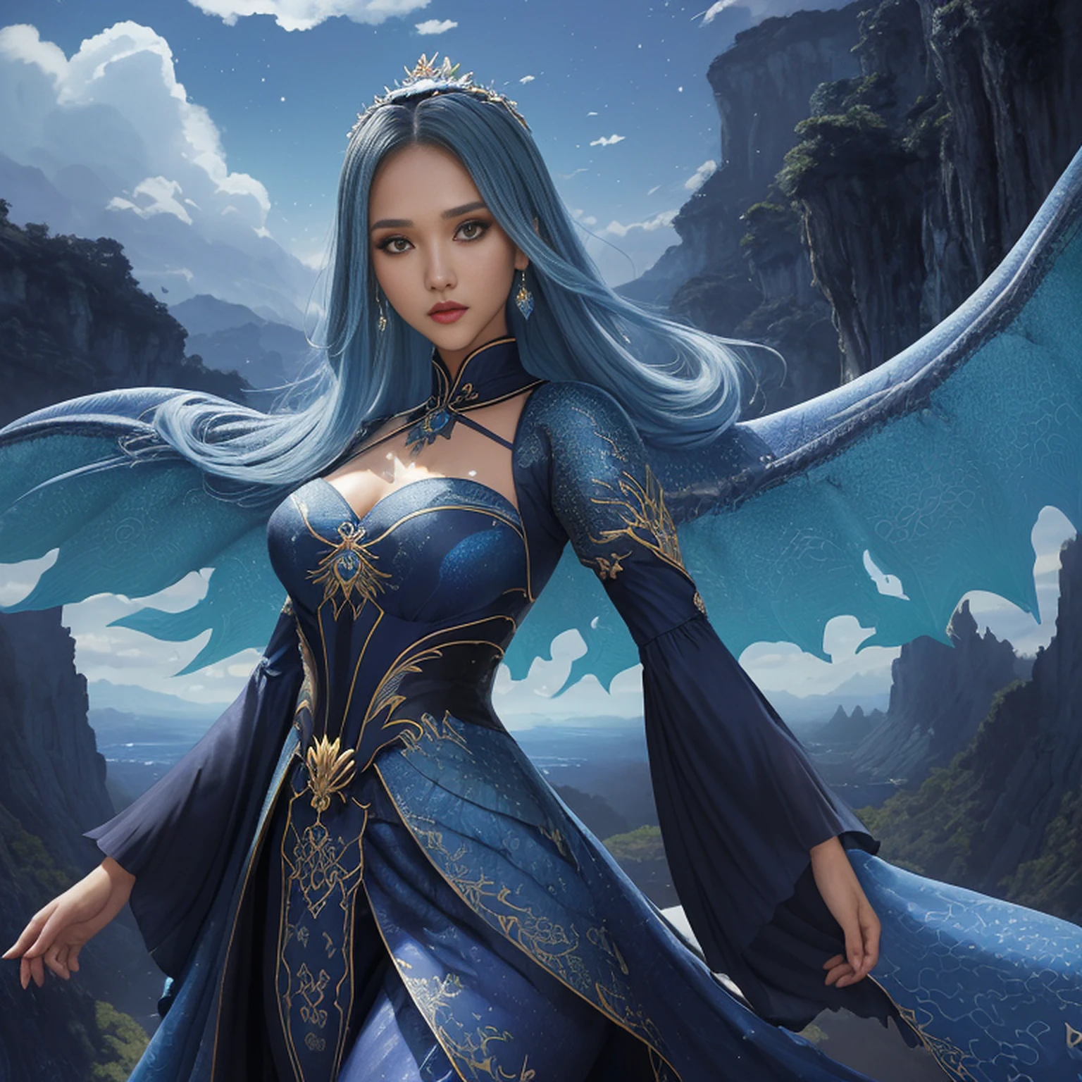 ((melhor qualidade)), ((obra-prima)), (detalhado), Empress Dragon "Megan Fox", olhos realistas, cabelo preto, olhos azuis, seios pequenos, vestido de setin koreano sensual, paisagem maligna, ethereal beauty, (Fantasy Illustration:1.3), olhar encantador, pose cativante, garota solo, charme sobrenatural, mystical sky, noite enluarada, cores suaves, (paisagem nublada detalhada:1.3), (alta resolução:1.2) (Blue dragon flying in the sky) vestido, sobre uma colina, An army passing far into a canyon below.