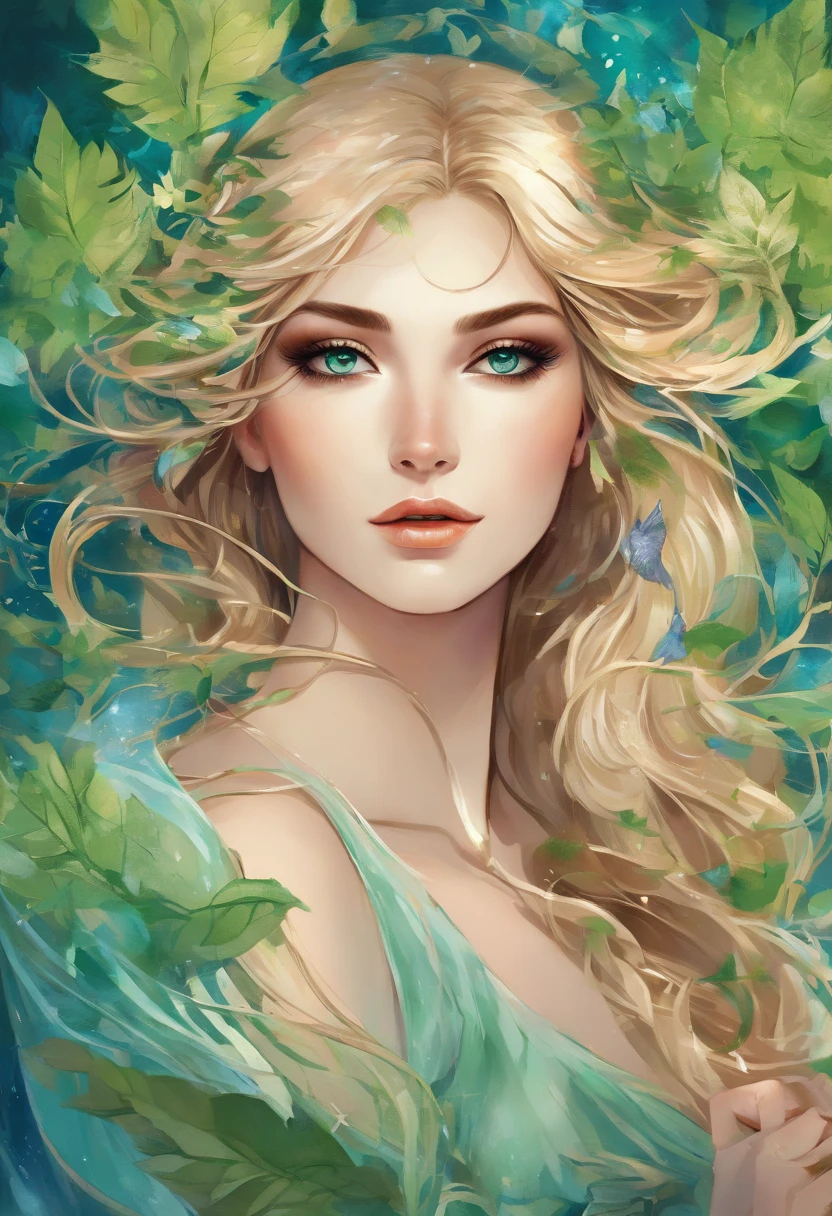 (best quality,4k,8k,highres,masterpiece:1.2),ultra-detailed,(realistic,photorealistic,photo-realistic:1.37),elf girl with long blonde hair wearing a green dress and having mesmerizing blue eyes,wisps of curly hair gently caressing her face,fair porcelain skin glowing with a soft ethereal sheen,delicate facial features exuding grace and beauty,natural-looking makeup highlighting her enchanting eyes,thin eyebrows elegantly arched upwards,long and fluttering eyelashes framing her captivating gaze,cheeks adorned with a subtle rosy blush,plump and rosy lips that seem to invite a smile,her eyes reflecting a sense of curiosity and wisdom,a crown of intricate green leaves resting on her flowing locks,green dress adorned with delicate embroidery and sparkling gemstones,flowing sleeves that cascade down her arms,soft and airy fabric gracefully draping around her slender figure,a forest filled with magical creatures serving as the backdrop,sunlight filtering through the vibrant leaves casting a warm and enchanting glow,whispering wind gently rustling the leaves enhancing the ethereal atmosphere,subtle rays of sunlight illuminating her radiant presence, vibrant shades of green and blue harmonizing with her surroundings,evoking a sense of tranquility and magic as if she belongs to a mystical realm, hinting at a story waiting to unfold.