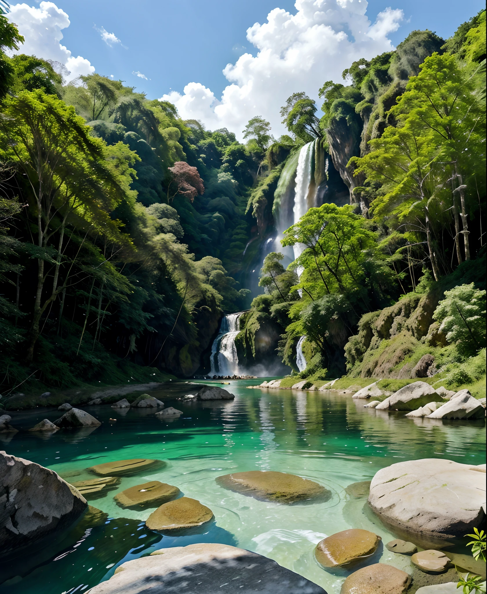 uma floresta verde(Altamente realista), A strong and healthy green
There is a waterfall with a shallow water river, 
In this river there are stones
The water is blue and crystal clear, Very beautiful and brings a sense of purity
It is a sunny day with few clouds that makes the environment very clear and colorful
And there are various types of plants of various colors in the forest,The grass is short(realista)