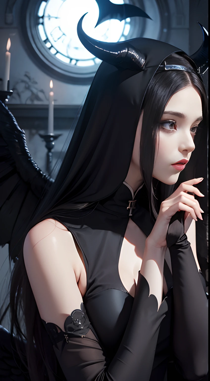 Enako: Evil Nun,Sexy nun in dress, Two devil's horns on the head, Demon Wings, devilish, Insidious, Dark and ominous Satanist Church