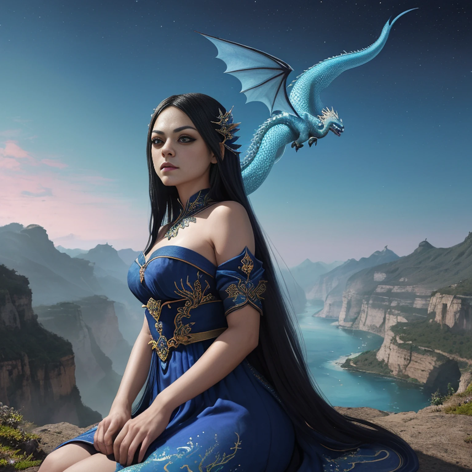 ((melhor qualidade)), ((obra-prima)), (detalhado), Empress Dragon "Mila Kunis", olhos realistas, cabelo preto, olhos azuis, seios pequenos, vestido de setin koreano sensual, paisagem maligna, ethereal beauty, (Fantasy Illustration:1.3), olhar encantador, pose cativante, garota solo, charme sobrenatural, mystical sky, noite enluarada, cores suaves, (paisagem nublada detalhada:1.3), (alta resolução:1.2) (Blue dragon flying in the sky) vestido, sobre uma colina, An army passing far into a canyon below.