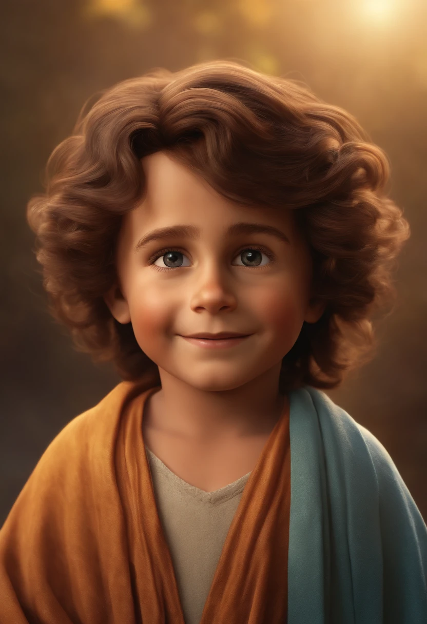 A happy boy of Jesus Christ with hair standing on end fulfilled, fundo branco, barnet, Tom, Estilo Pixar, ..3d, desenhos animados, rosto detalhado, asymmetrical 16k