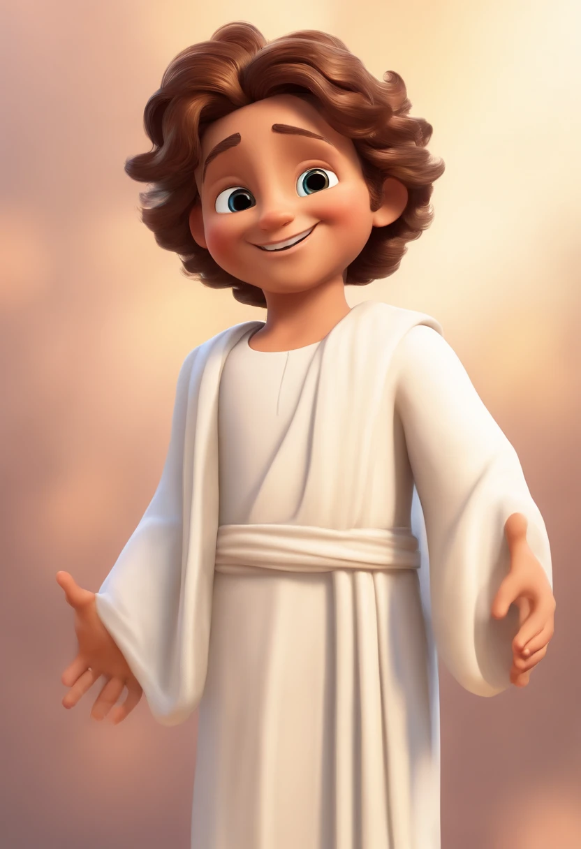 A happy boy of Jesus Christ with hair standing on end fulfilled, fundo branco, barnet, Tom, Estilo Pixar, ..3d, desenhos animados, rosto detalhado, asymmetrical 16k