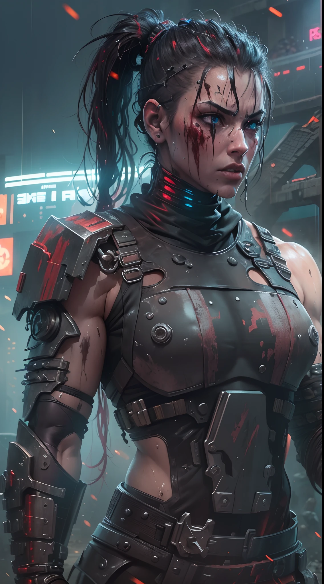 (Cyberpunk cyborg),(Determined,Strong:1.1),(Intense,battle:1.1),(brutal,violence:1.1),(dust cloud),(Colosseum),(Epic battles),(Splashing blood),(Arena),(The physique of a fighter),(Soaked with sweat),(battle scars),(arma:1.1),(Armour:1.1),(Ferocious attack),(Overcome adversity),(life-and-death),(victory).