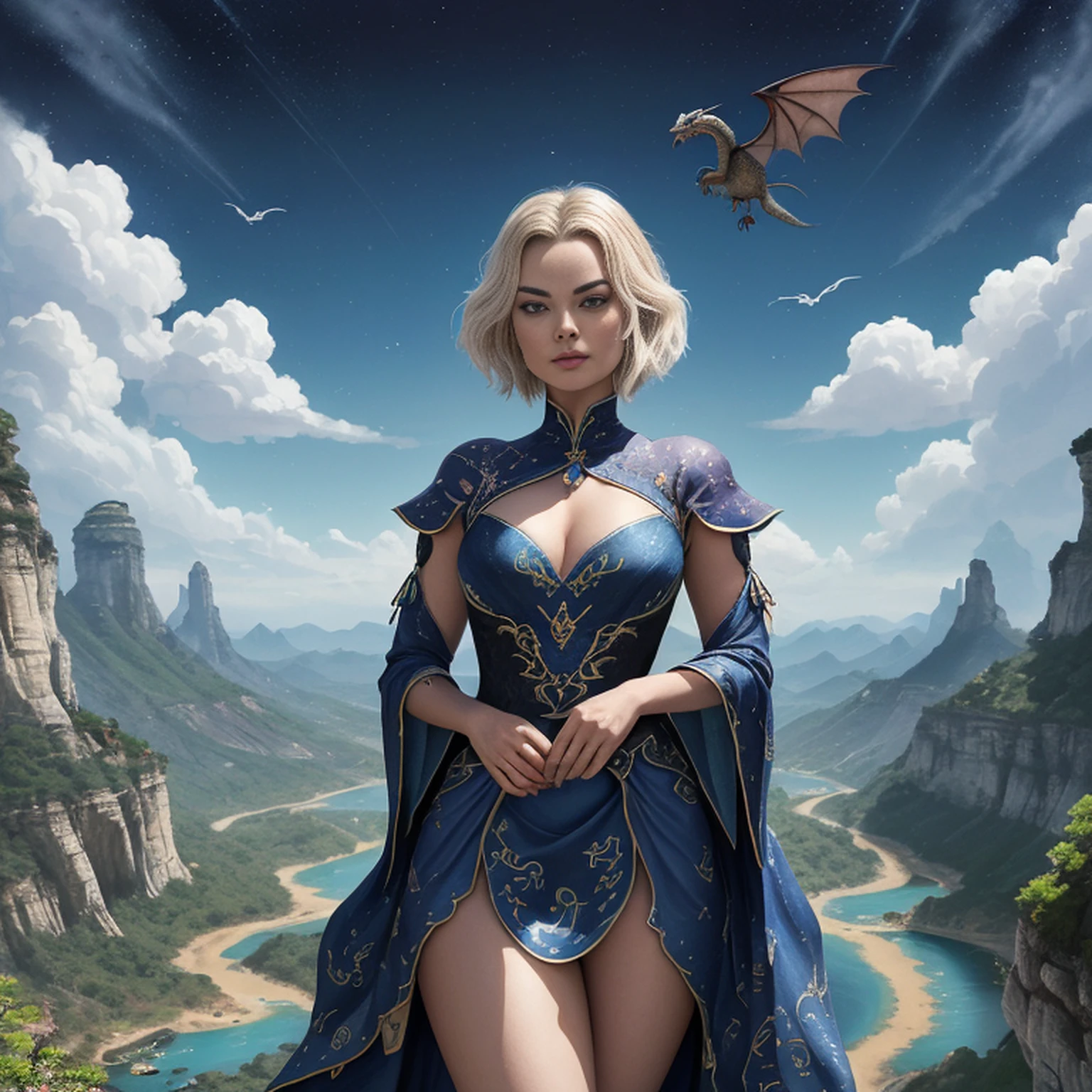 ((melhor qualidade)), ((obra-prima)), (detalhado), Empress Dragon "Margot Robbie", olhos realistas, cabelo preto, olhos azuis, seios pequenos, vestido de setin koreano sensual, paisagem maligna, ethereal beauty, (Fantasy Illustration:1.3), olhar encantador, pose cativante, garota solo, charme sobrenatural, mystical sky, noite enluarada, cores suaves, (paisagem nublada detalhada:1.3), (alta resolução:1.2) (Blue dragon flying in the sky) vestido, sobre uma colina, An army passing far into a canyon below.