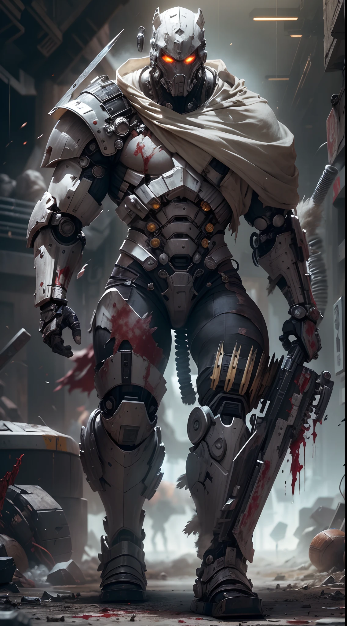 Dark_fantasy,Cyberpunk, (Best quality, Masterpiece),White,(A Gladiator),Mechanical Wonder,Robotic presence,cybernetic guardians,Put on a cybernetic jacket,Damaged mechanical parts,(Determined,Strong:1.1),(Intense,battle:1.1),(brutal,violence:1.1),(dust cloud),(Epic battles),(Splashing blood),(Arena),(battle scars),(arma:1.1),(Ferocious attack).
