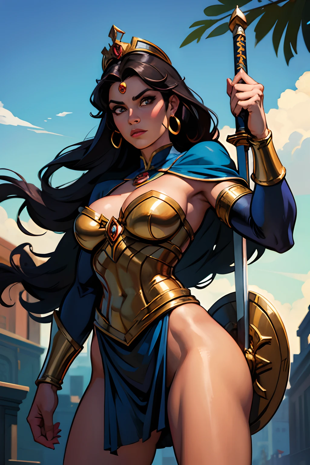 Arte inspirada em John Buscema,Superheroine known as "Princesa Amazona, uma mulher de longos cabelos negros, olhos azuis, pele bronzeada e sensual usando um uniforme inspirado nas roupas das amazonas gregas,bastante estilizado (sfw),Imposing pose holding a short sword and shield with the lion symbol, arte detalhista e primorosa em uma avenida da cidade.