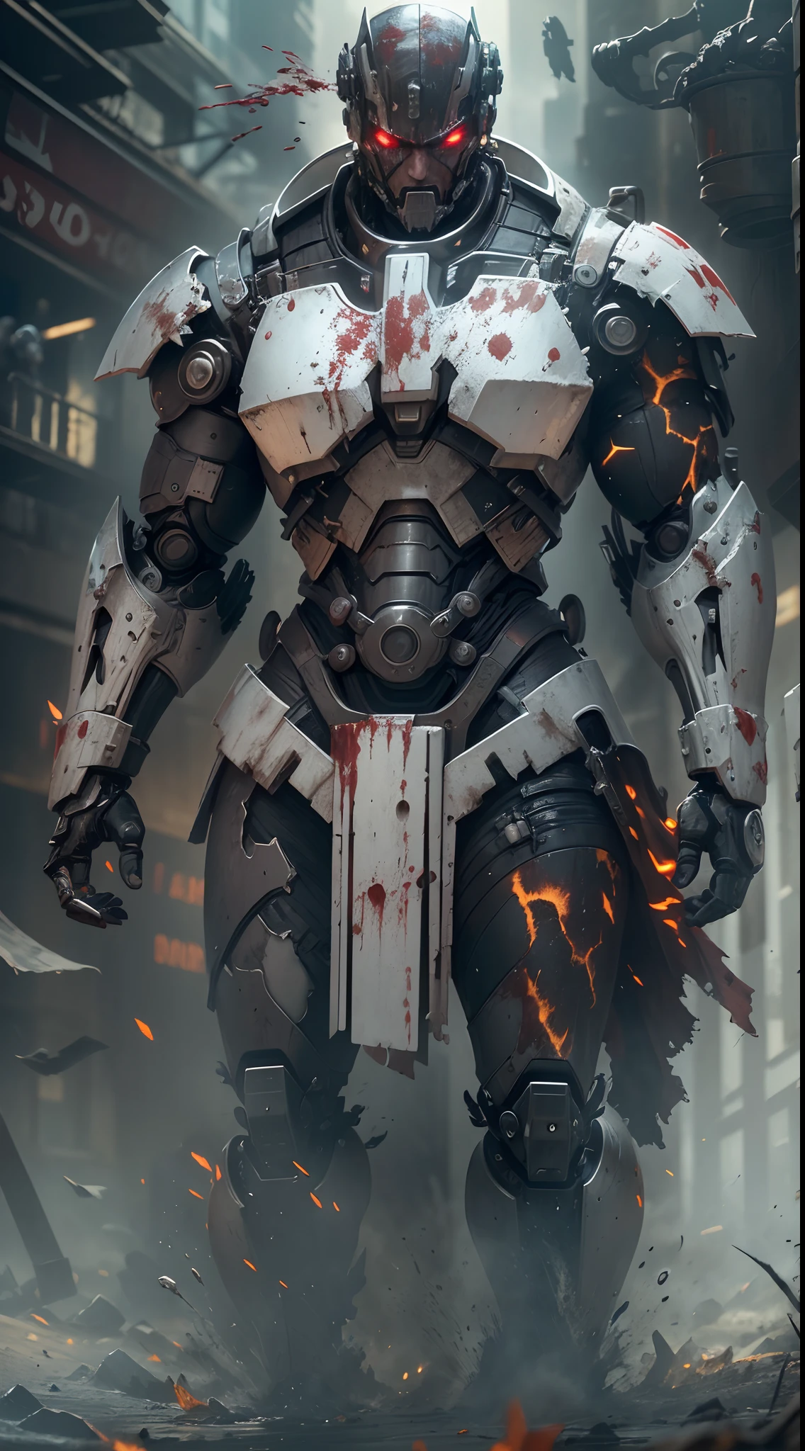 Dark_fantasy,Cyberpunk, (Best quality, Masterpiece),White,(A Gladiator),Mechanical Wonder,Robotic presence,cybernetic guardians,Put on a cybernetic jacket,Damaged mechanical parts,(Determined,Strong:1.1),(Intense,battle:1.1),(brutal,violence:1.1),(dust cloud),(Epic battles),(Splashing blood),(Arena),(battle scars),(arma:1.1),(Ferocious attack).