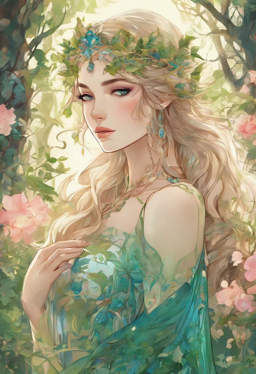 (best quality,4k,8k,highres,masterpiece:1.2),ultra-detailed,(realistic,photorealistic,photo-realistic:1.37),elf girl with long blonde hair wearing a green dress and having mesmerizing blue eyes,wisps of curly hair gently caressing her face,fair porcelain skin glowing with a soft ethereal sheen,delicate facial features exuding grace and beauty,natural-looking makeup highlighting her enchanting eyes,thin eyebrows elegantly arched upwards,long and fluttering eyelashes framing her captivating gaze,cheeks adorned with a subtle rosy blush,plump and rosy lips that seem to invite a smile,her eyes reflecting a sense of curiosity and wisdom,a crown of intricate green leaves resting on her flowing locks,green dress adorned with delicate embroidery and sparkling gemstones,flowing sleeves that cascade down her arms,soft and airy fabric gracefully draping around her slender figure,a forest filled with magical creatures serving as the backdrop,sunlight filtering through the vibrant leaves casting a warm and enchanting glow,whispering wind gently rustling the leaves enhancing the ethereal atmosphere,subtle rays of sunlight illuminating her radiant presence, vibrant shades of green and blue harmonizing with her surroundings,evoking a sense of tranquility and magic as if she belongs to a mystical realm, hinting at a story waiting to unfold.