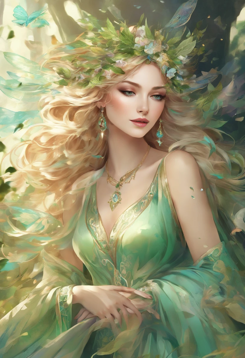 (best quality,4k,8k,highres,masterpiece:1.2),ultra-detailed,(realistic,photorealistic,photo-realistic:1.37),elf girl with long blonde hair wearing a green dress and having mesmerizing blue eyes,wisps of curly hair gently caressing her face,fair porcelain skin glowing with a soft ethereal sheen,delicate facial features exuding grace and beauty,natural-looking makeup highlighting her enchanting eyes,thin eyebrows elegantly arched upwards,long and fluttering eyelashes framing her captivating gaze,cheeks adorned with a subtle rosy blush,plump and rosy lips that seem to invite a smile,her eyes reflecting a sense of curiosity and wisdom,a crown of intricate green leaves resting on her flowing locks,green dress adorned with delicate embroidery and sparkling gemstones,flowing sleeves that cascade down her arms,soft and airy fabric gracefully draping around her slender figure,a forest filled with magical creatures serving as the backdrop,sunlight filtering through the vibrant leaves casting a warm and enchanting glow,whispering wind gently rustling the leaves enhancing the ethereal atmosphere,subtle rays of sunlight illuminating her radiant presence, vibrant shades of green and blue harmonizing with her surroundings,evoking a sense of tranquility and magic as if she belongs to a mystical realm, hinting at a story waiting to unfold.