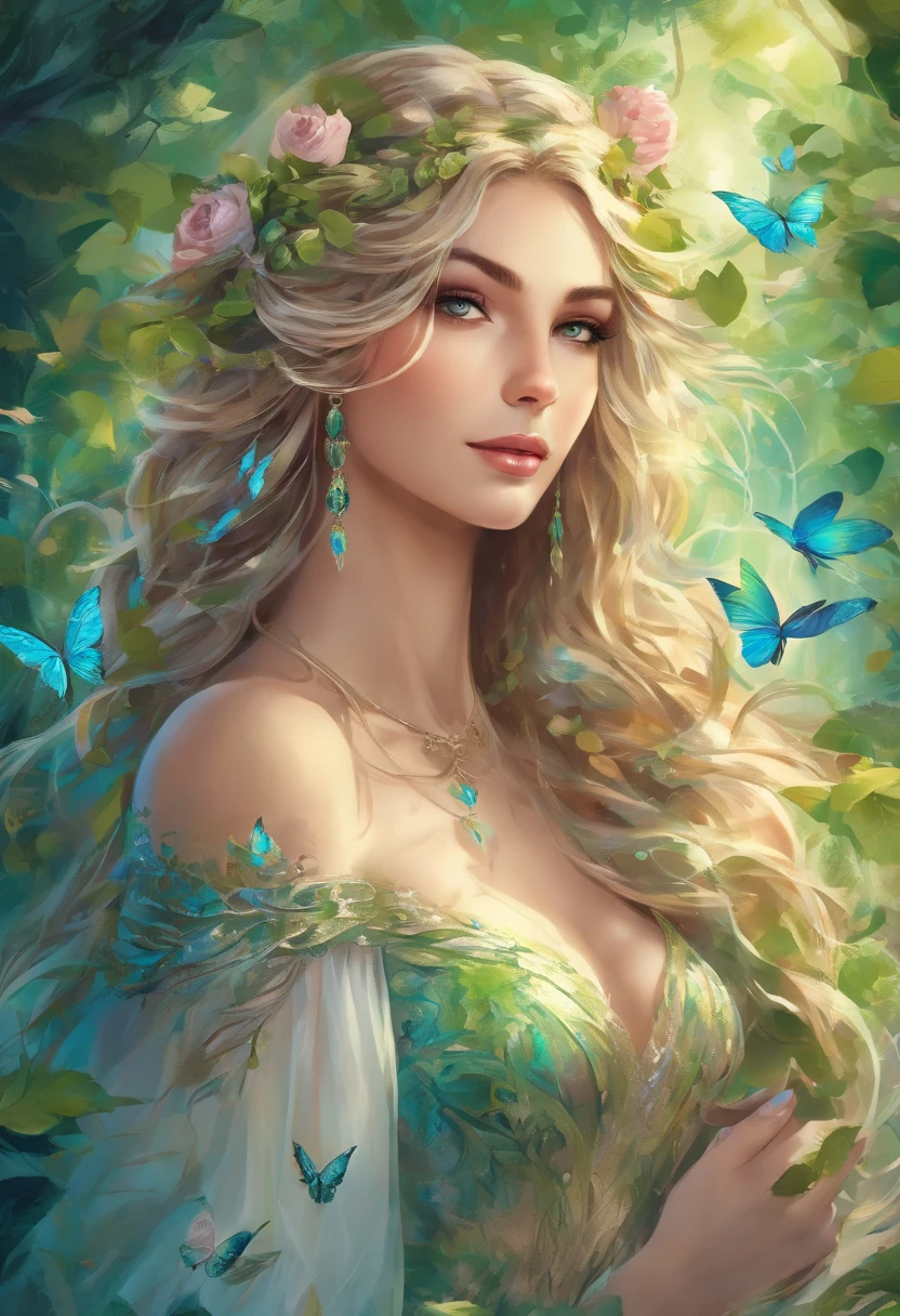 (best quality,4k,8k,highres,masterpiece:1.2),ultra-detailed,(realistic,photorealistic,photo-realistic:1.37),elf girl with long blonde hair wearing a green dress and having mesmerizing blue eyes,wisps of curly hair gently caressing her face,fair porcelain skin glowing with a soft ethereal sheen,delicate facial features exuding grace and beauty,natural-looking makeup highlighting her enchanting eyes,thin eyebrows elegantly arched upwards,long and fluttering eyelashes framing her captivating gaze,cheeks adorned with a subtle rosy blush,plump and rosy lips that seem to invite a smile,her eyes reflecting a sense of curiosity and wisdom,a crown of intricate green leaves resting on her flowing locks,green dress adorned with delicate embroidery and sparkling gemstones,flowing sleeves that cascade down her arms,soft and airy fabric gracefully draping around her slender figure,a forest filled with magical creatures serving as the backdrop,sunlight filtering through the vibrant leaves casting a warm and enchanting glow,whispering wind gently rustling the leaves enhancing the ethereal atmosphere,subtle rays of sunlight illuminating her radiant presence, vibrant shades of green and blue harmonizing with her surroundings,evoking a sense of tranquility and magic as if she belongs to a mystical realm, hinting at a story waiting to unfold.